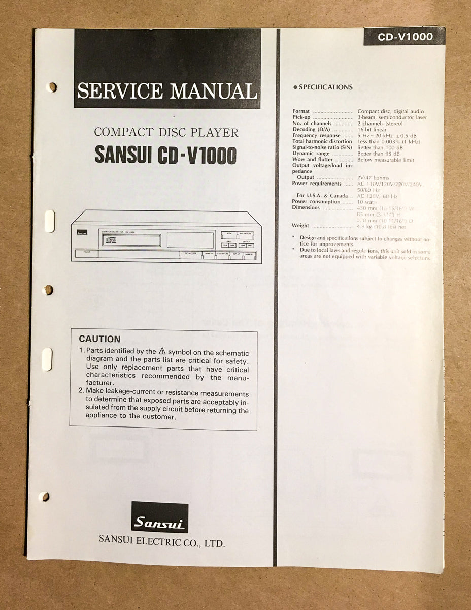 Sansui CD-V1000 CD Player Service Manual *Original*