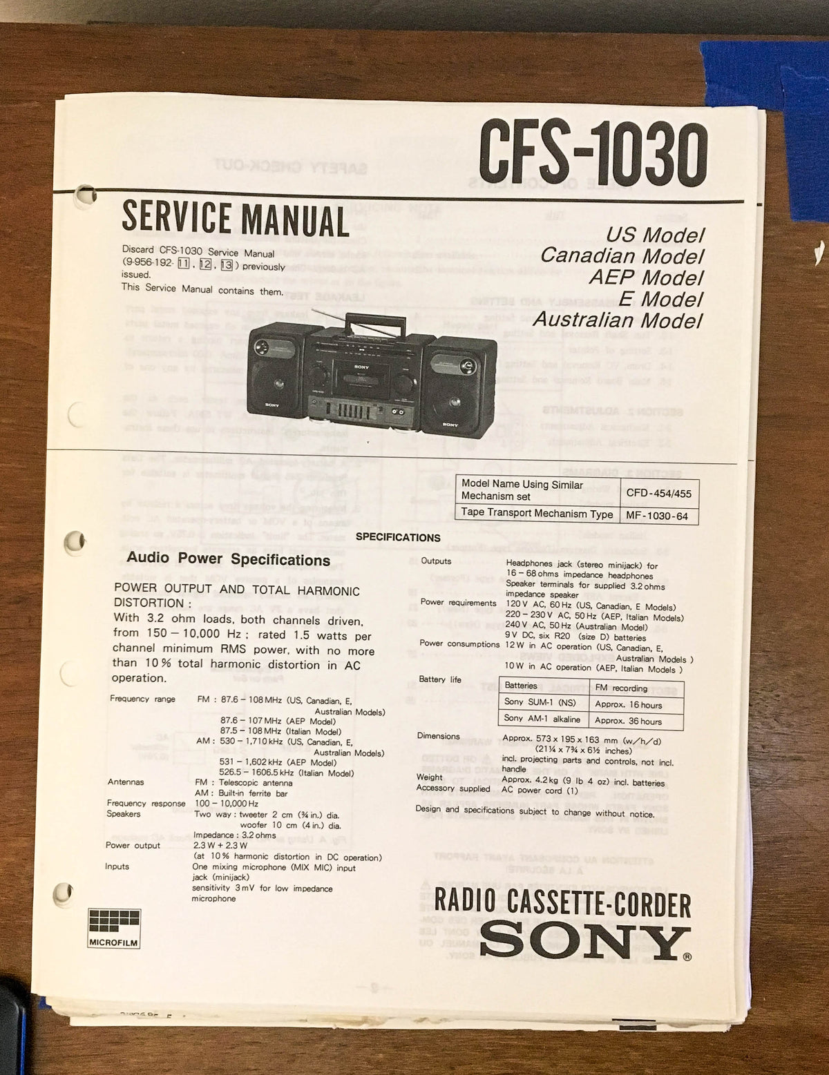 Sony CFS-1030 Radio Cassette Recorder / Boombox Service Manual *Original*