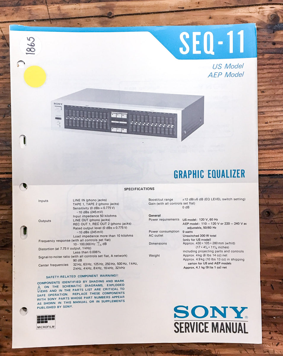 Sony SEQ-11 Equalizer Service Manual *Original* – Vintage Audio