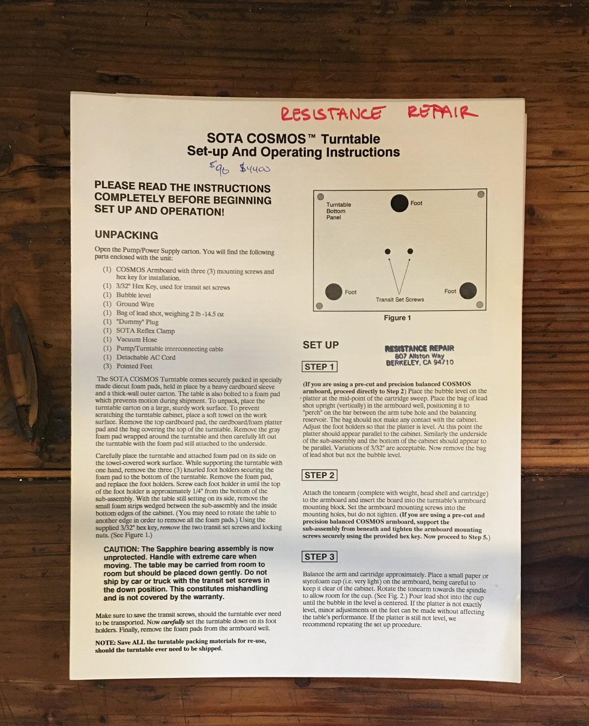 Sota Cosmos Turntable Setup & Owners Manual *Original*