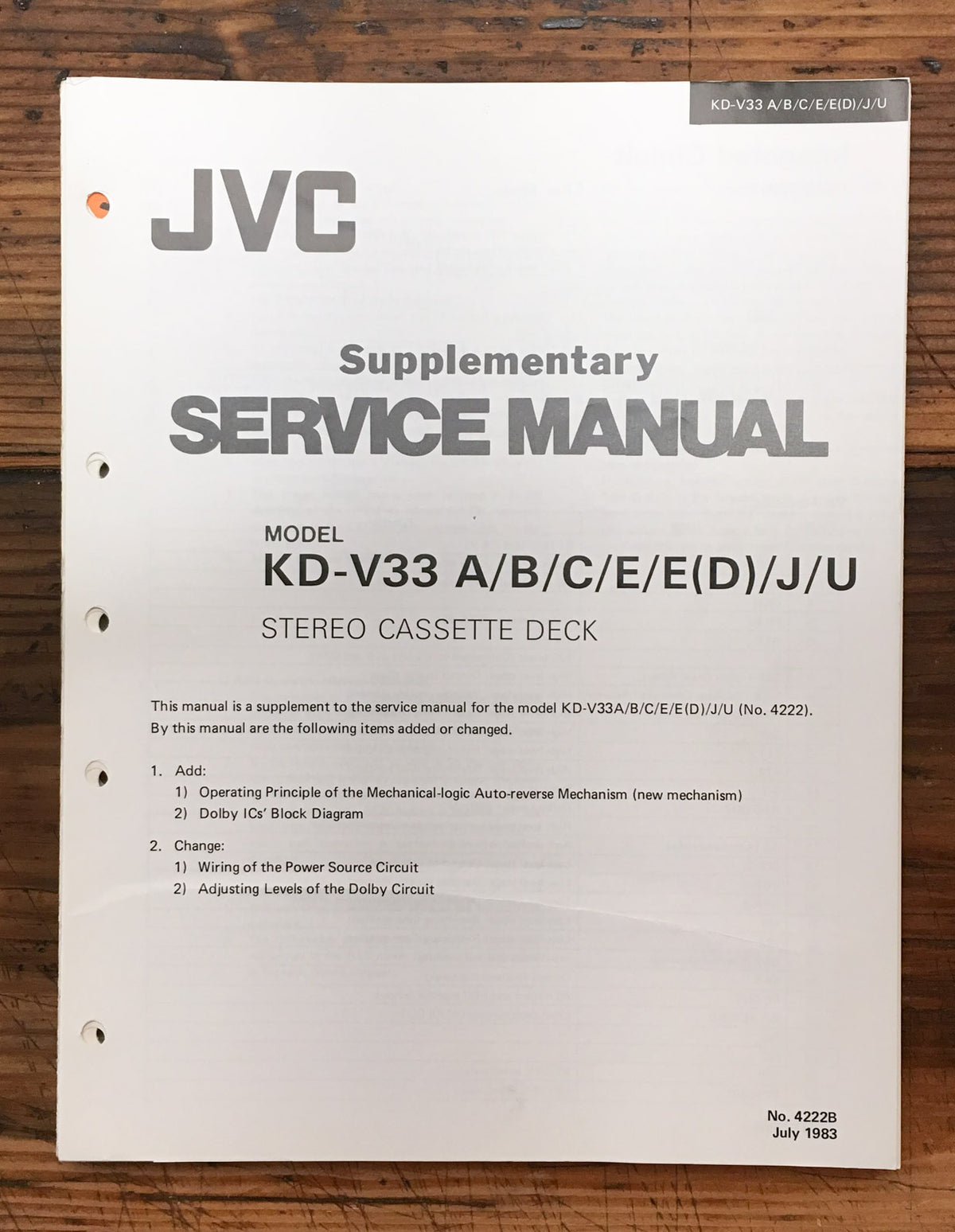 JVC KD-V33 Cassette Supplementary Service Manual *Original*