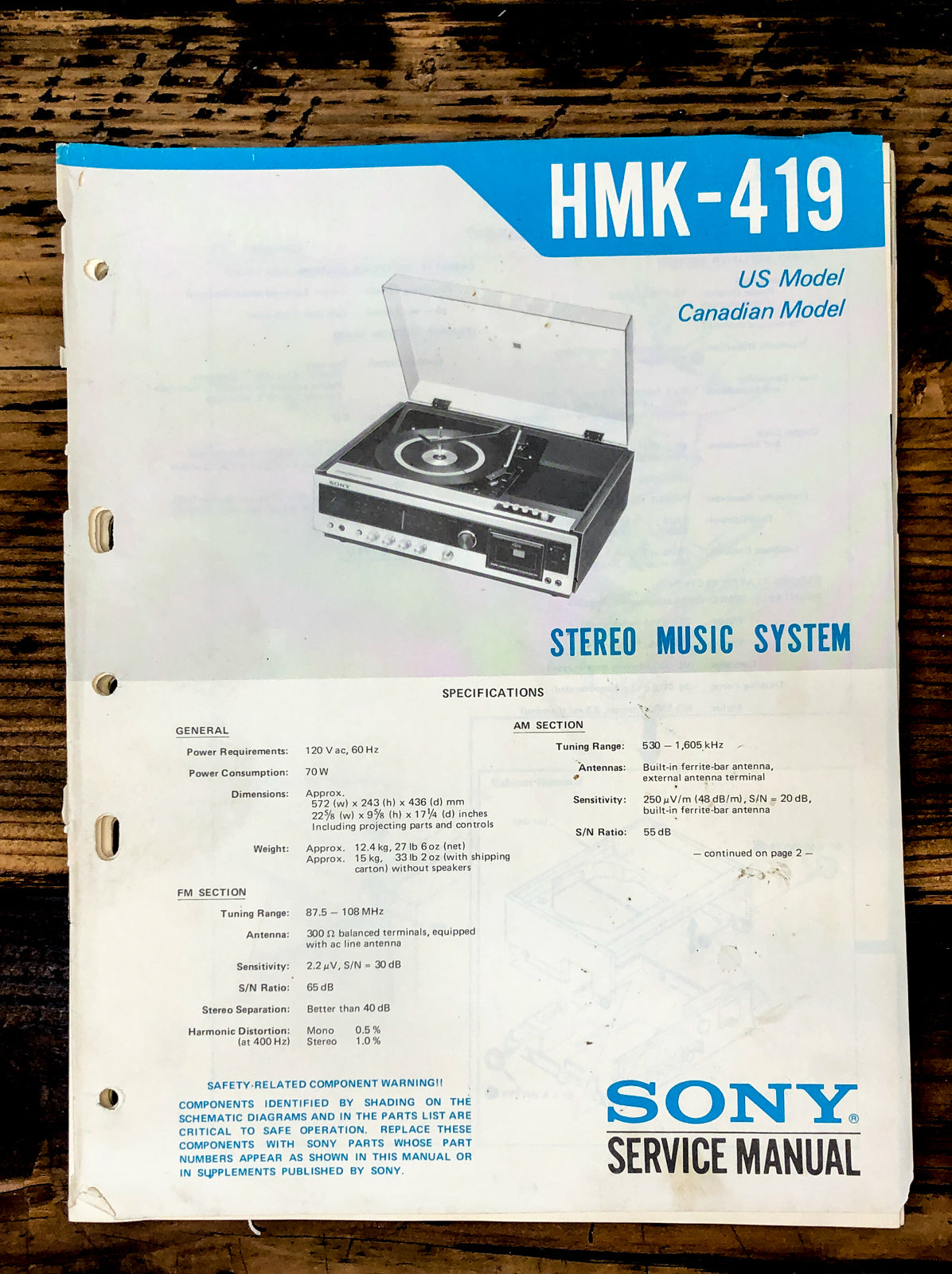 Sony HMK-419 Stereo Service Manual *Original* #1