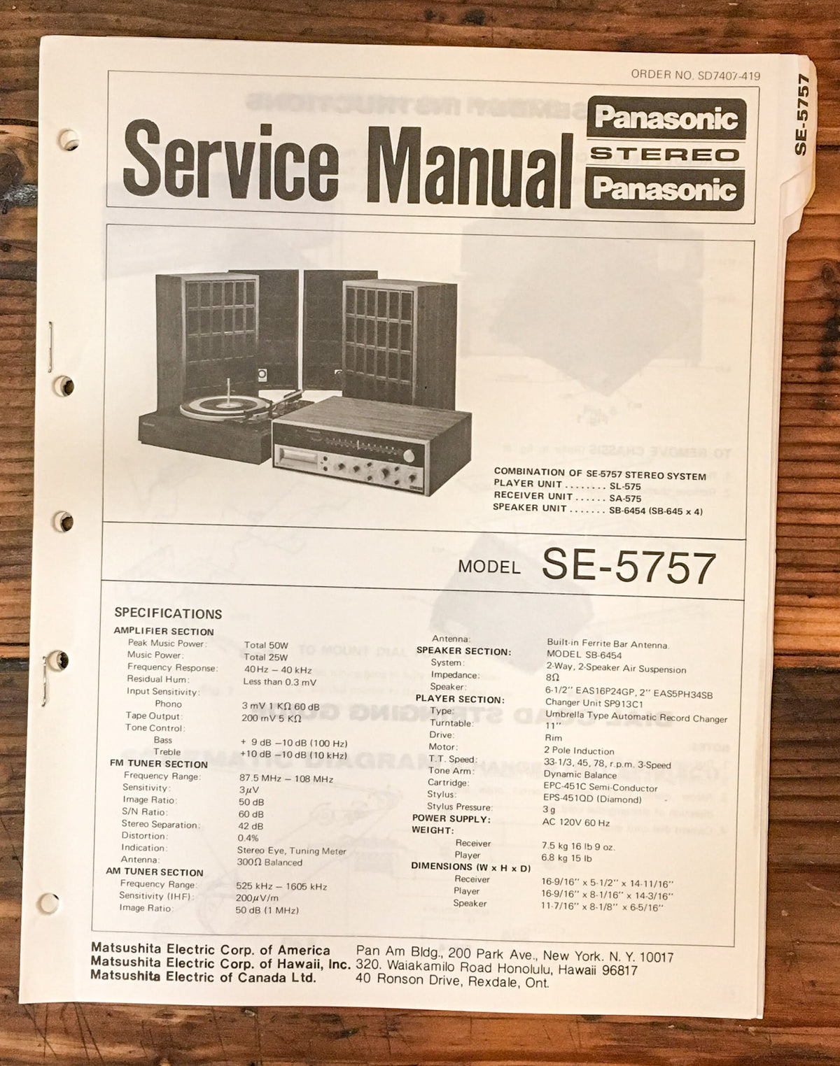 Panasonic SE-5757 Stereo Service Manual *Original*