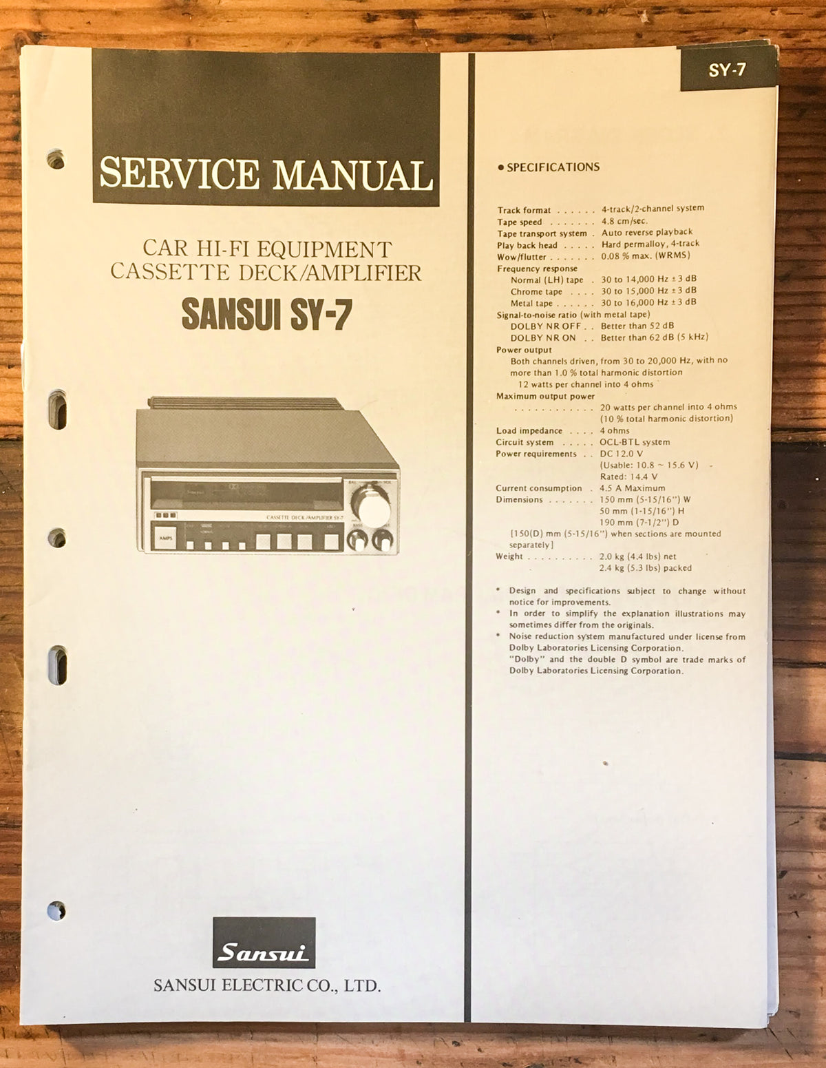 Sansui SY-7 Car Amplifier Service Manual *Original*