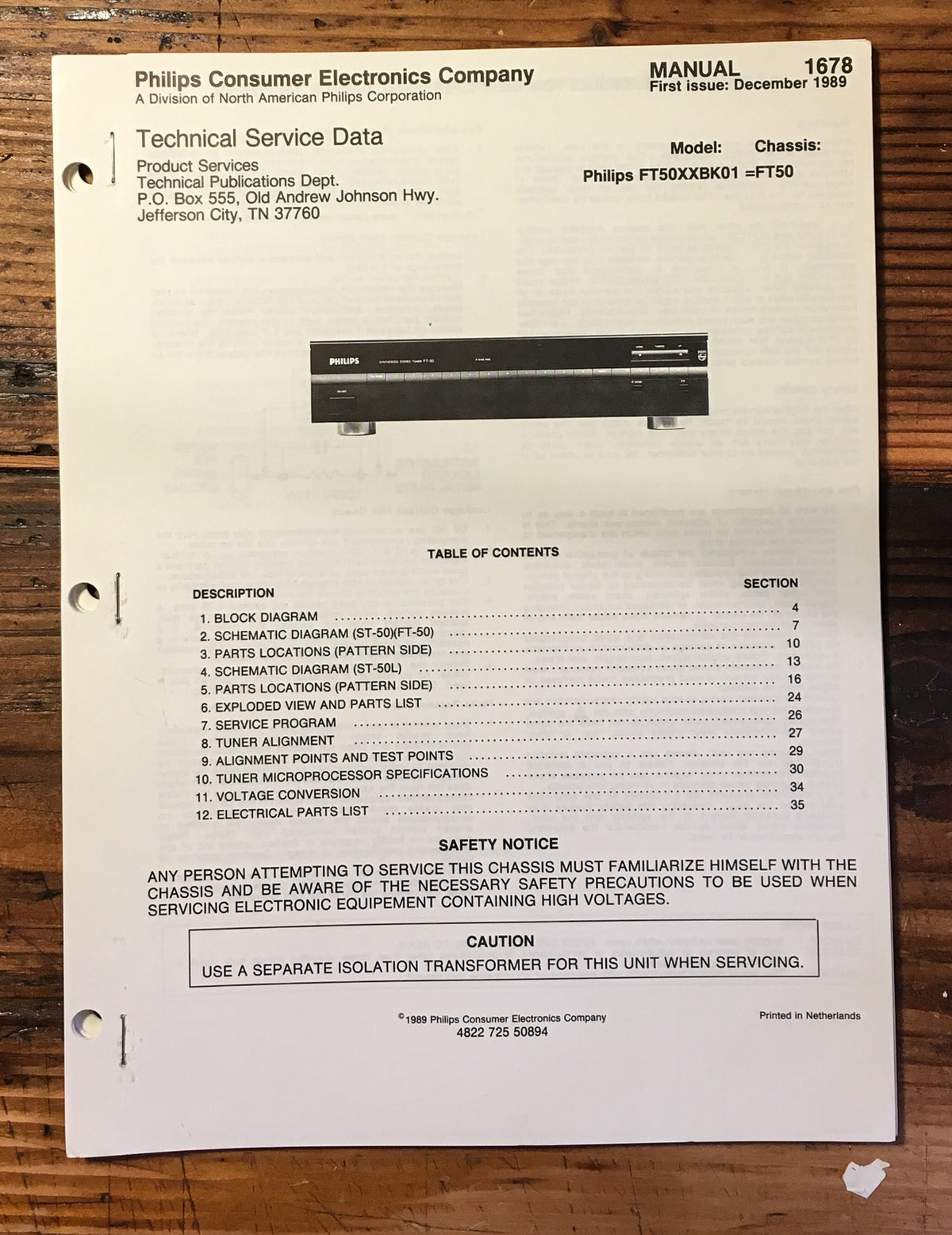Philips FT50 FT-50 Tuner Service Manual *Original*