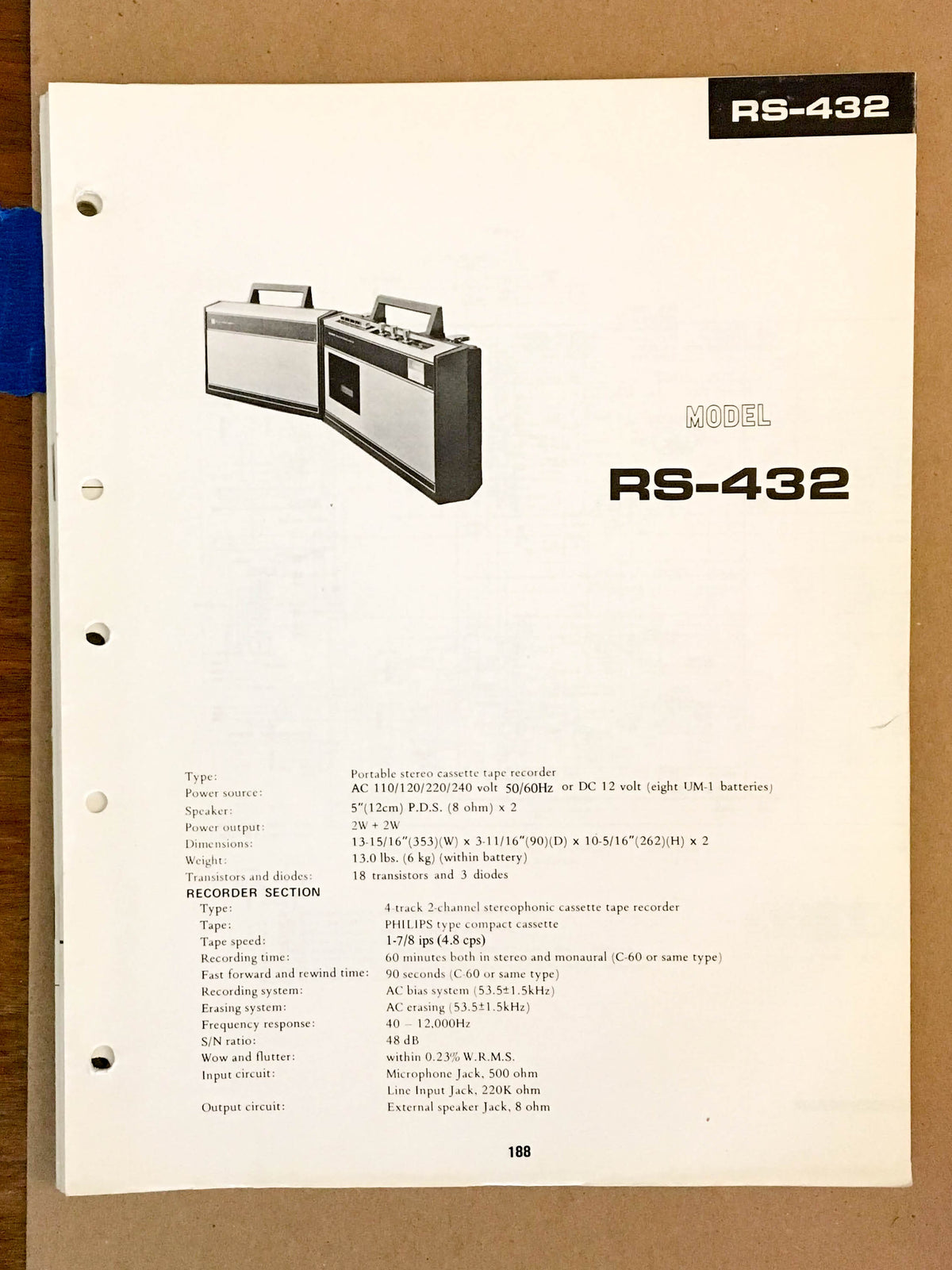 Sharp RS-432 Portable Tape Recorder Service Manual *Original*