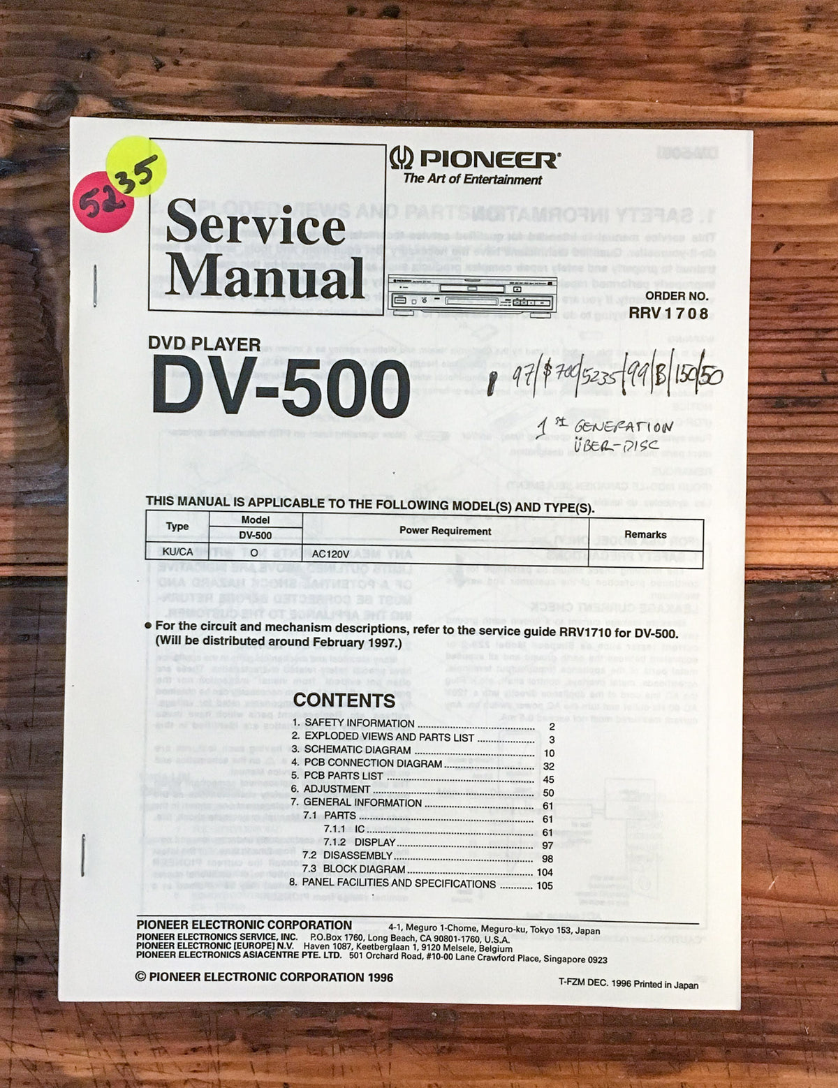 Pioneer DV-500 DVD Player Service Manual *Original*