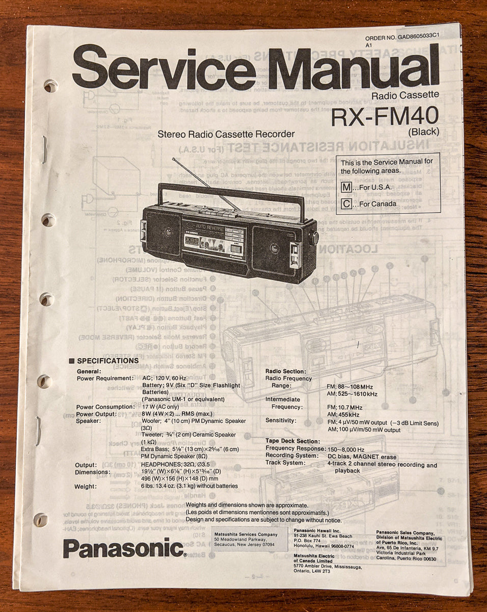 Panasonic RX-FM40 Radio Cassette Service Manual *Original*