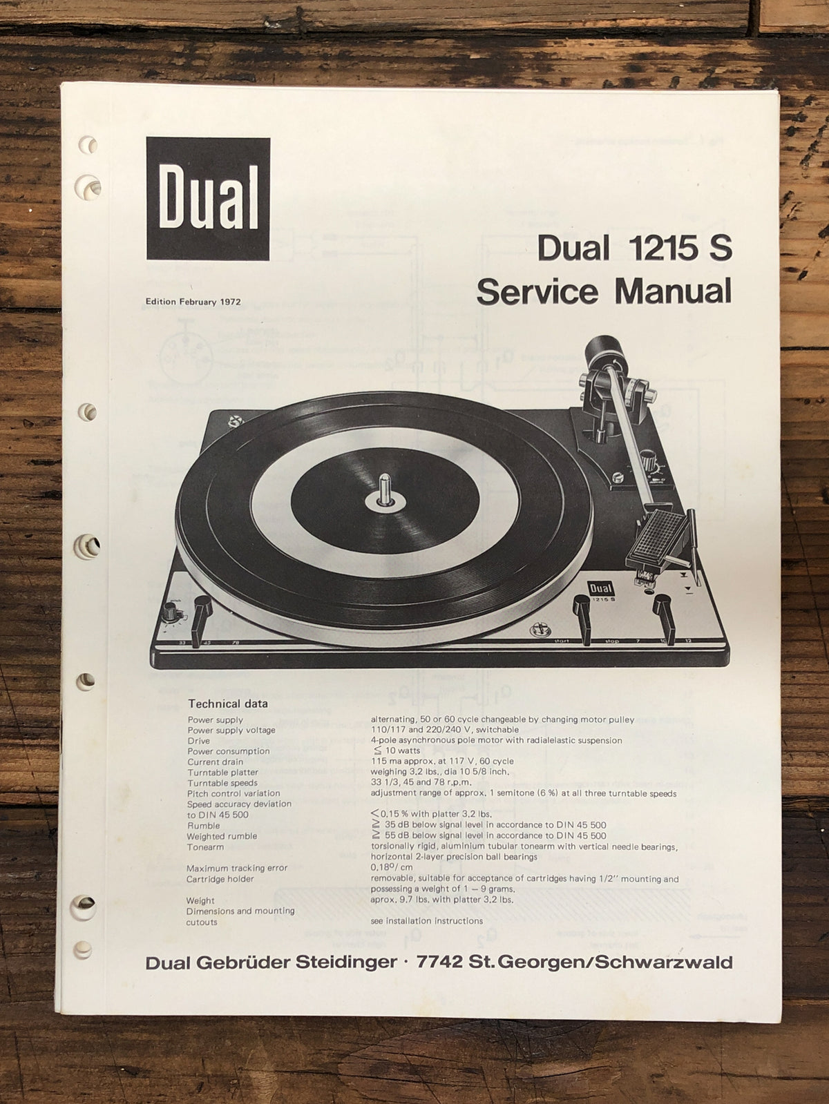 Dual Model 1215S Record Player / Turntable Service Manual *Original*