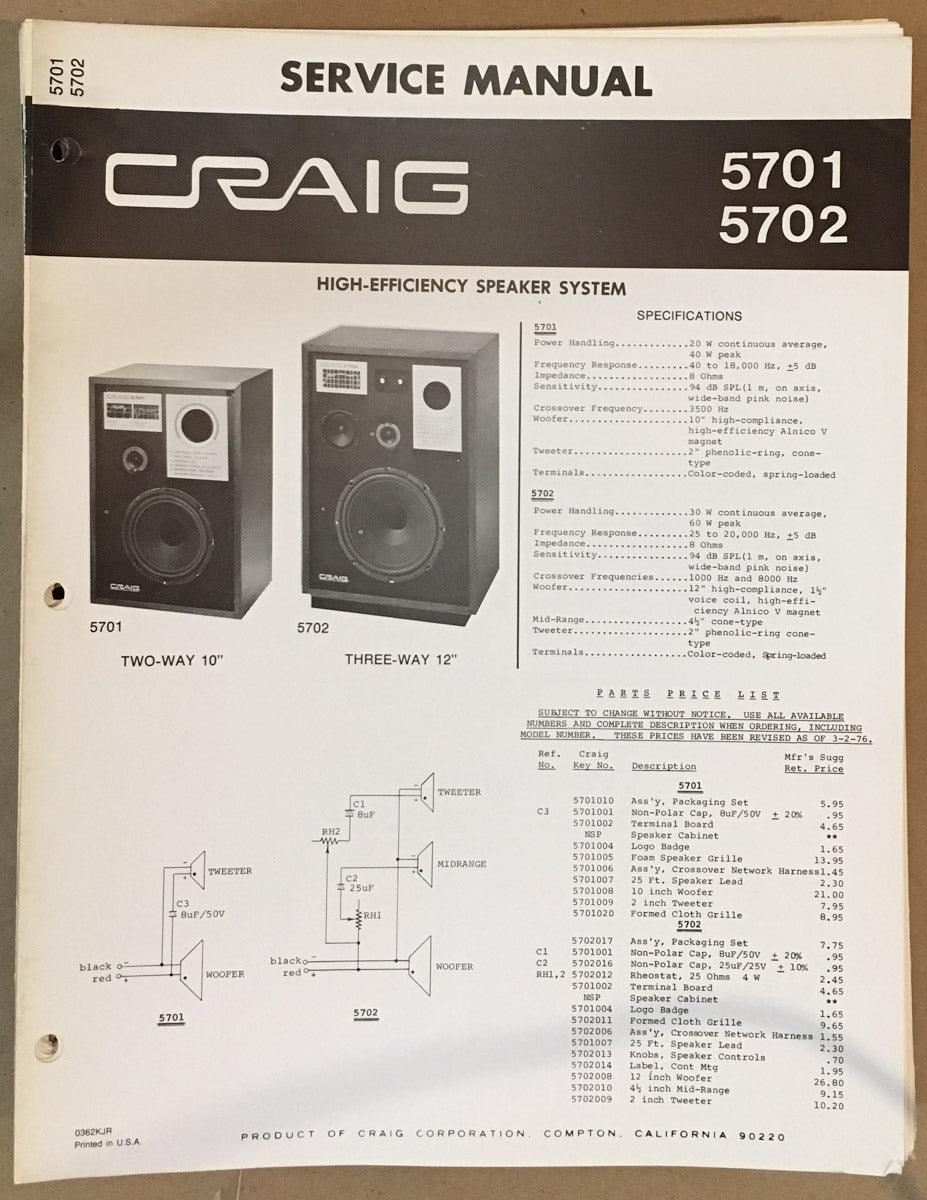 Craig Model 5701 5702 Speaker Service Manual *Original*