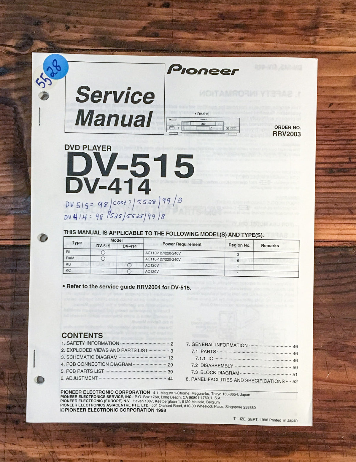 Pioneer DV-515 DV-414 DVD Player Service Manual *Original*