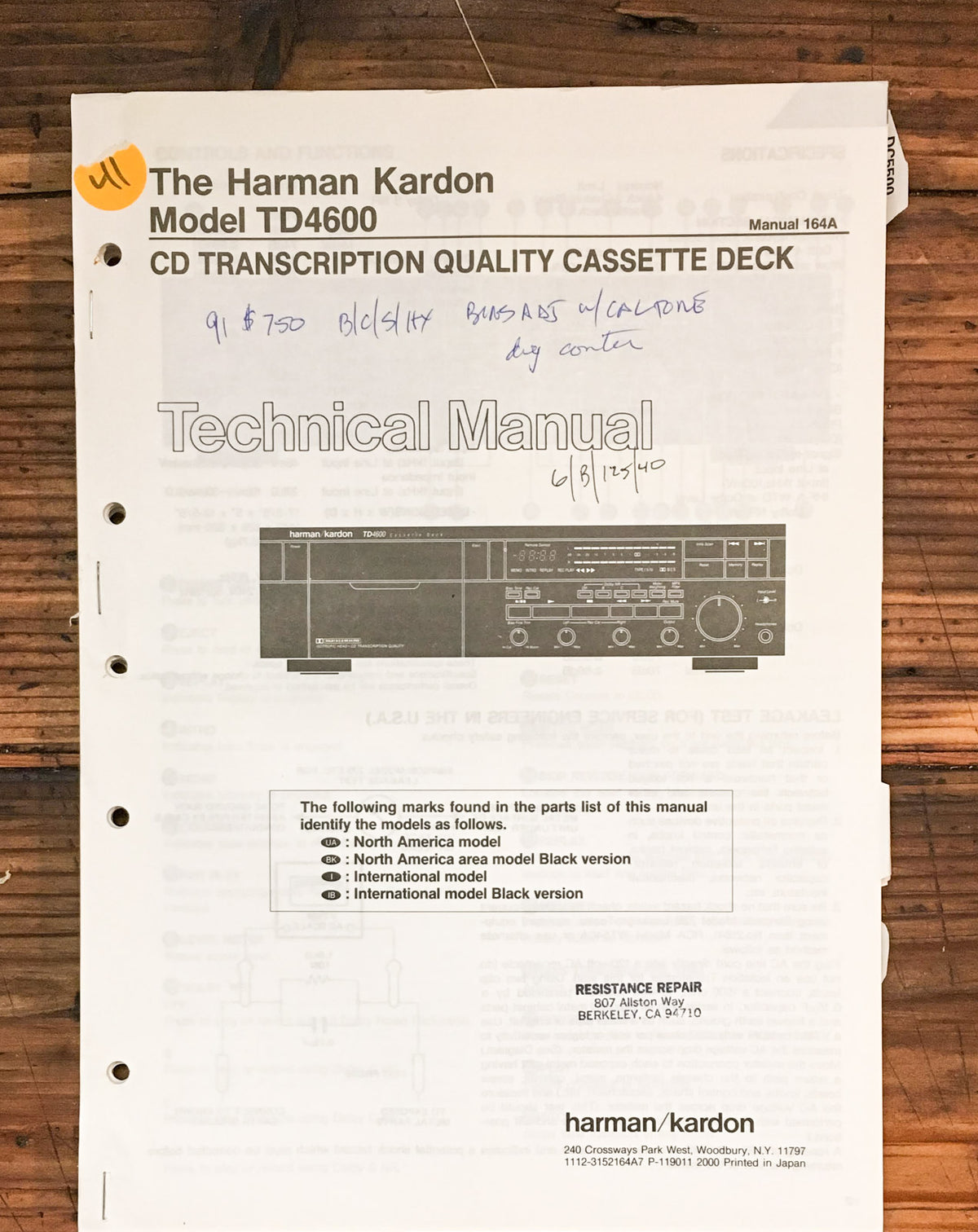 Harman Kardon TD4600 Cassette Service Manual *Original*