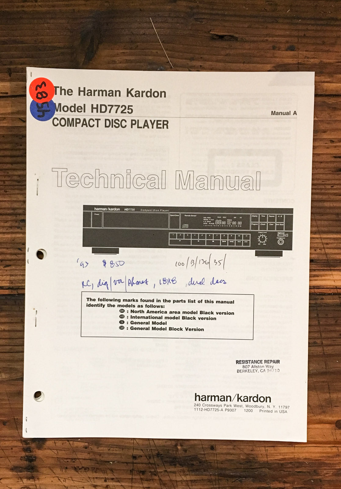 Harman Kardon 7725 HD-7725 CD Player Service Manual *Original*