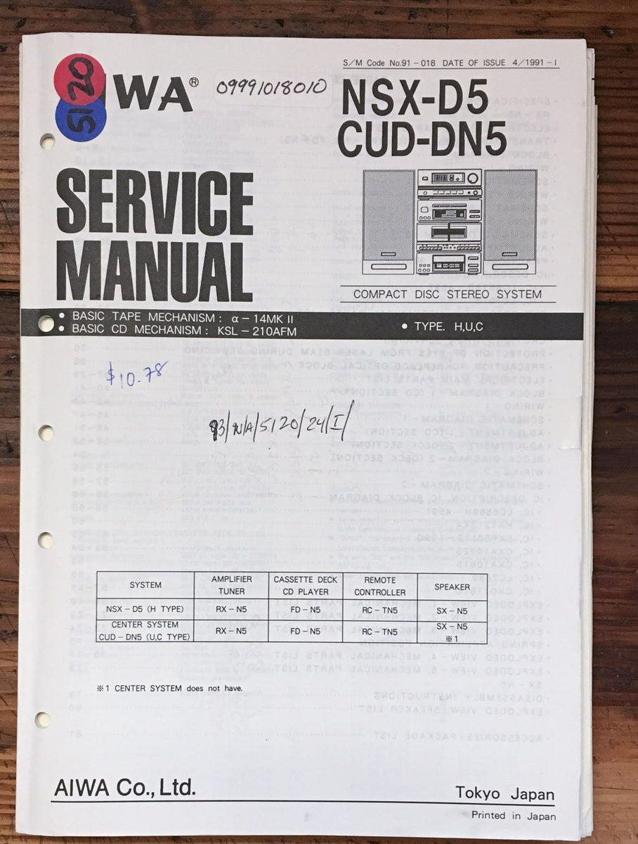 Aiwa NSX-D5 CUD-DN5 Stereo Service Manual *Original* – Vintage