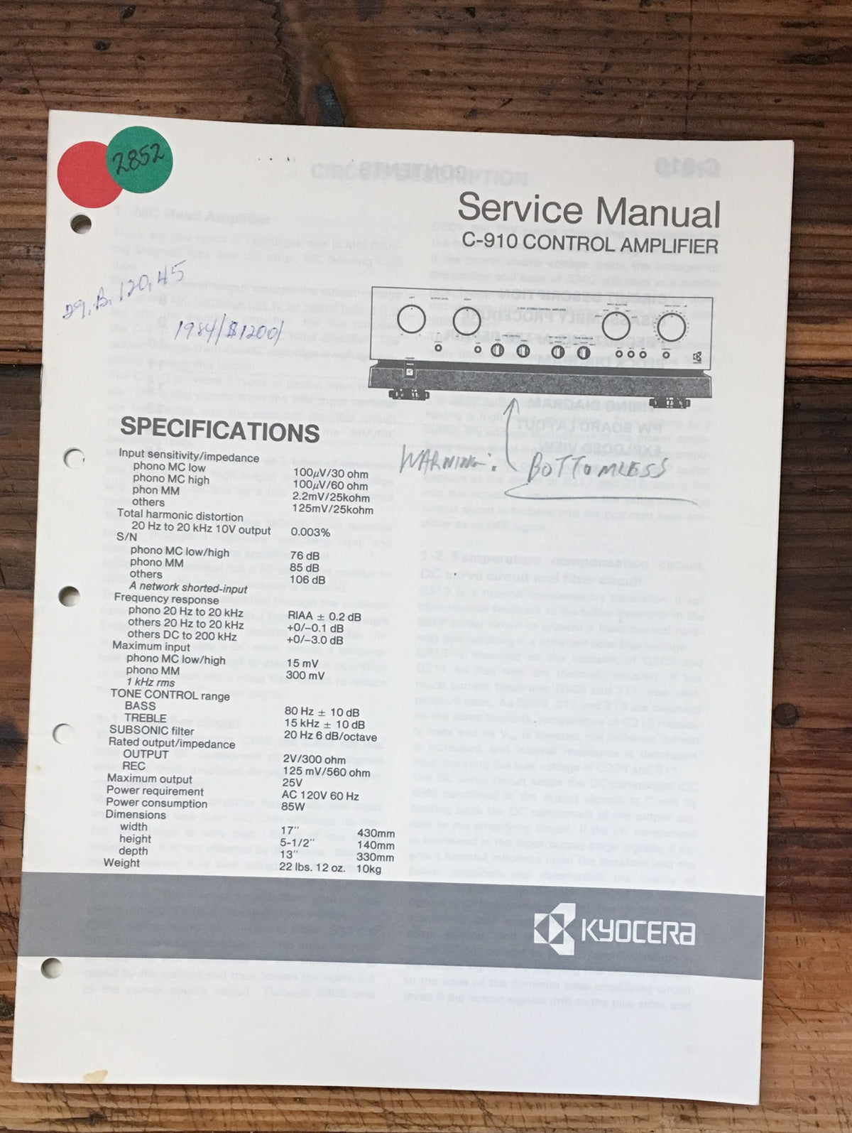 Kyocera C-910 Preamp / Preamplifier Service Manual *Original*