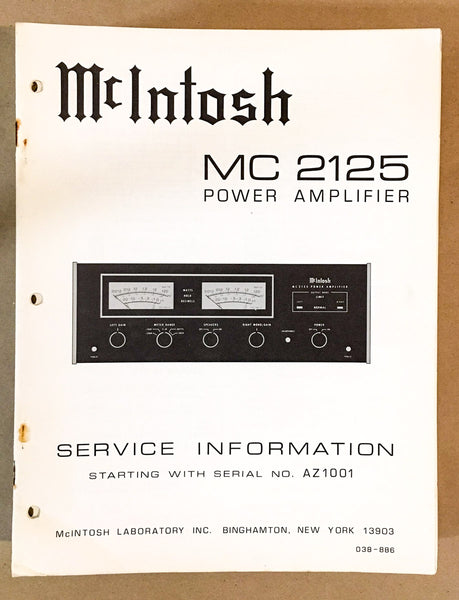 McIntosh MC2125 MC-2125 Amplifier Service Manual *Original*