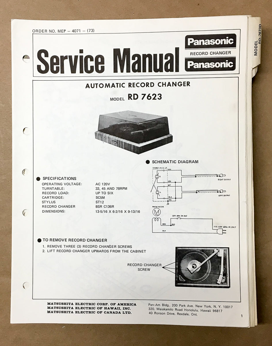 Panasonic RD-7623 Record Player / Turntable Service Manual *Original*