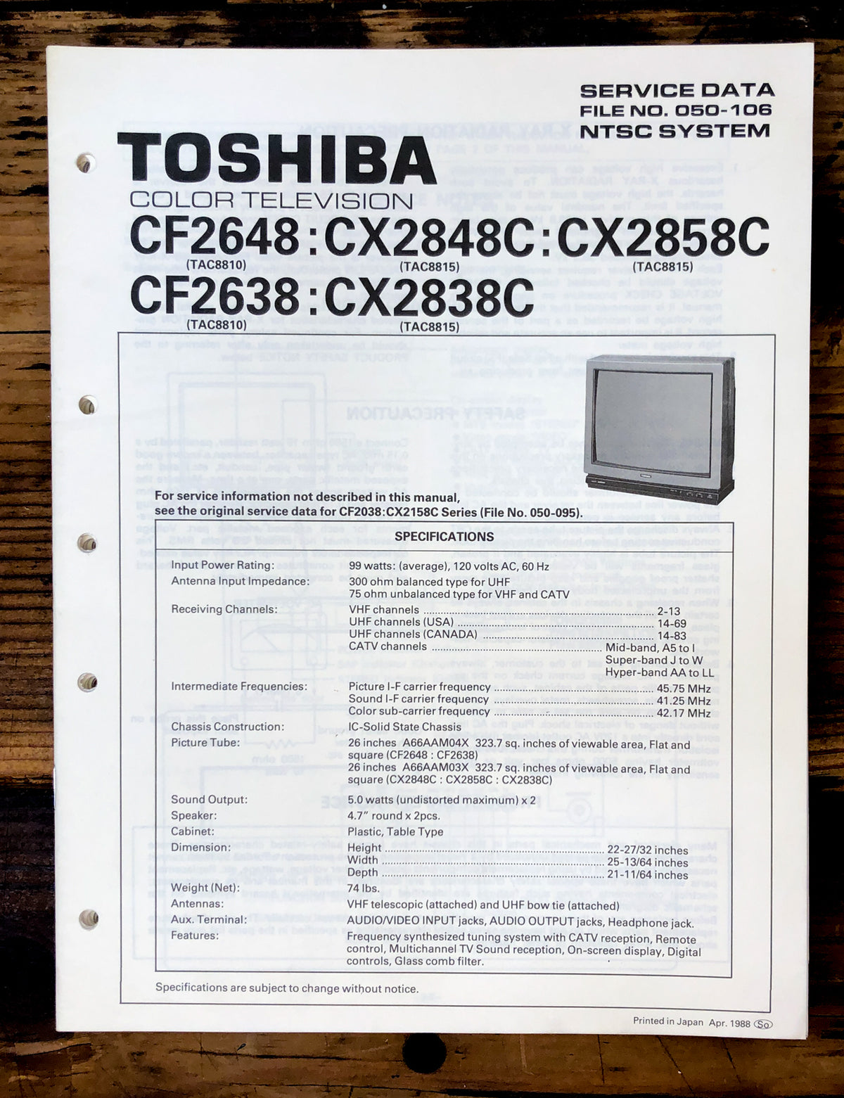 Toshiba CF2648 CX2848C CX2858C CF2638 CX2838C TV Service Manual *Original*