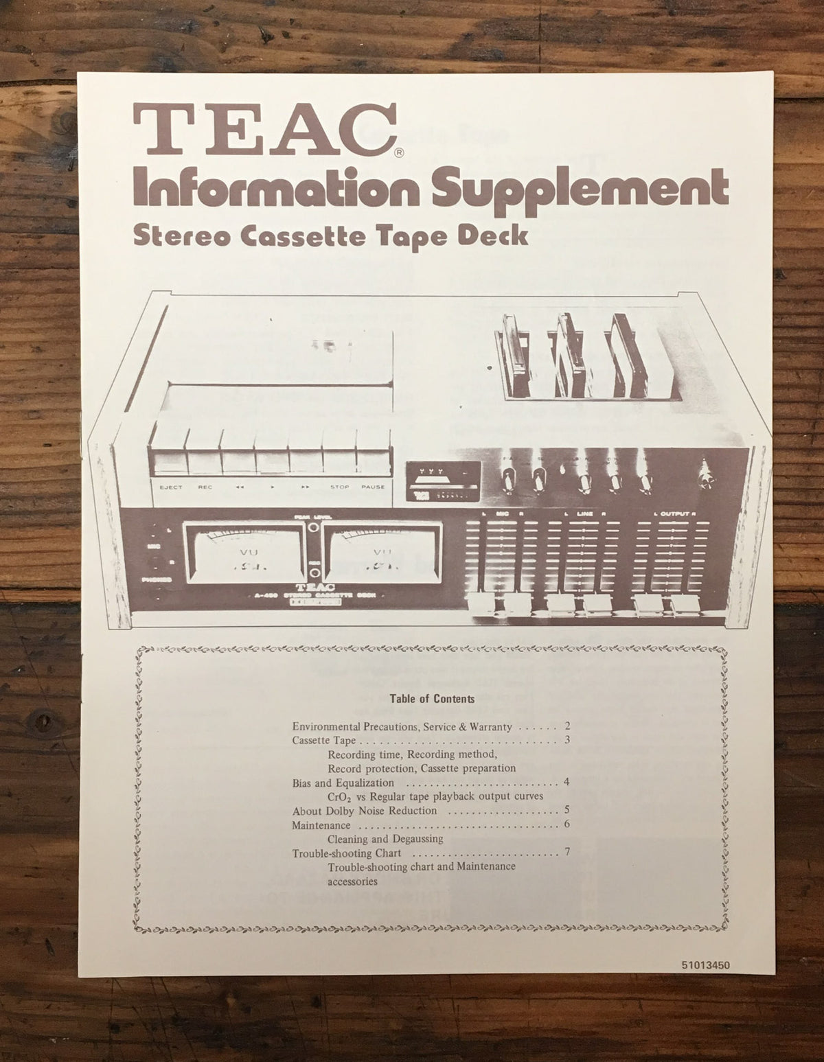 Teac Information Supplement for Cassette Deck Service Manual *Original*