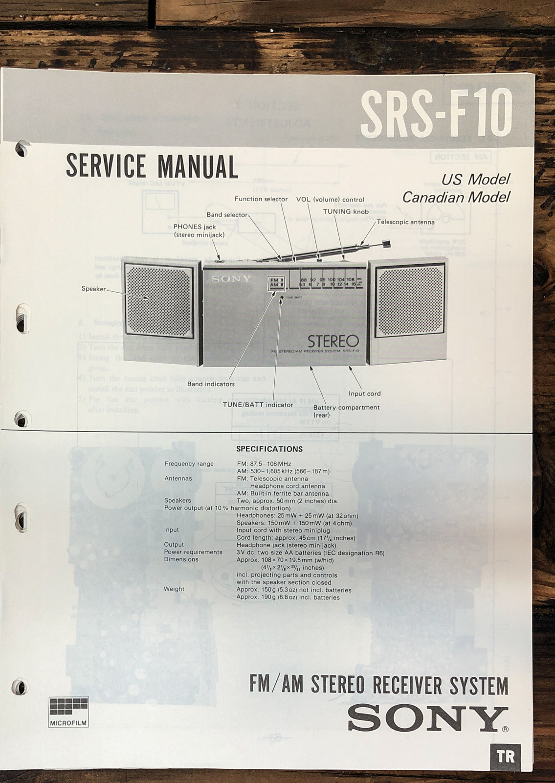 Sony SRS-F10 Stereo Service Manual *Original*