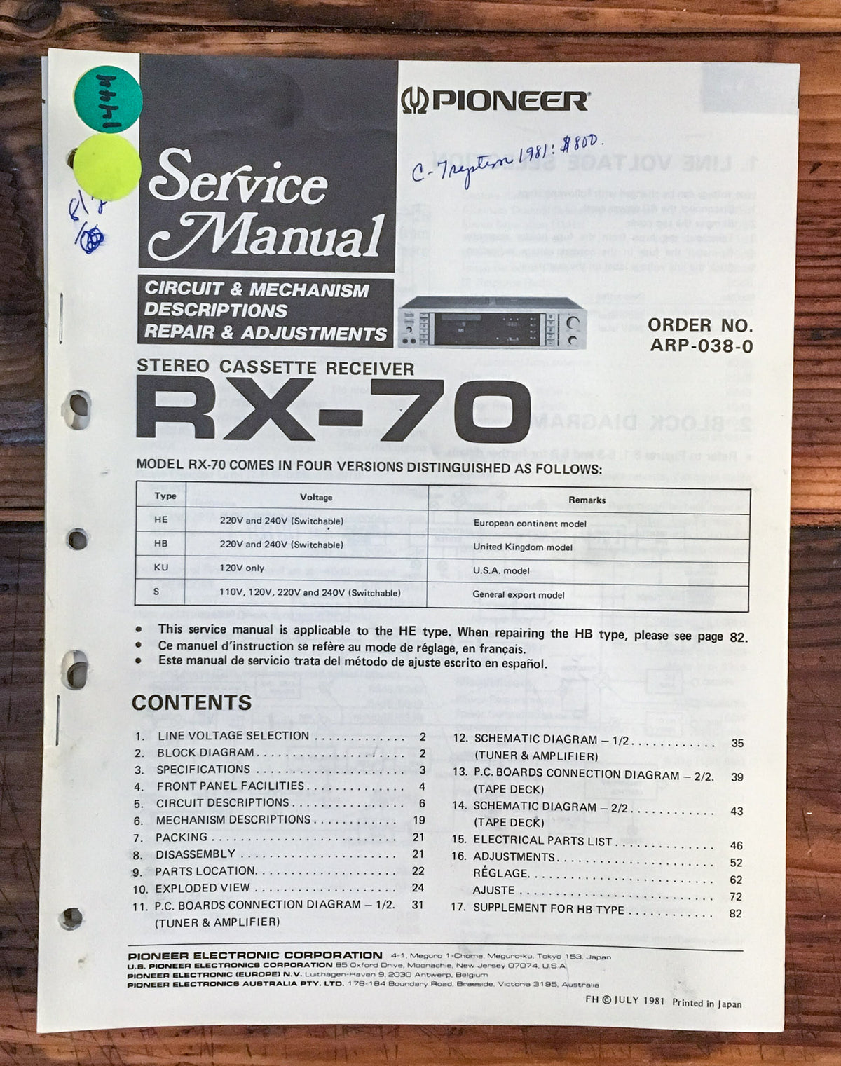 Pioneer RX-70 Cassette Receiver Service Manual *Original*