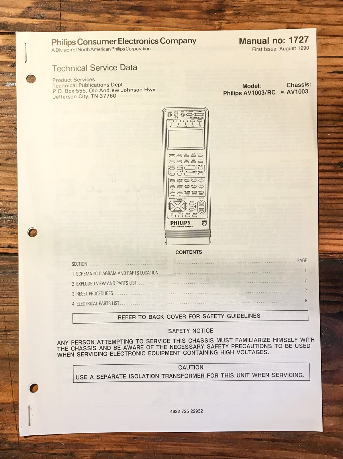 Philips AV1003AV-1003 Remote Control Service Manual *Original*