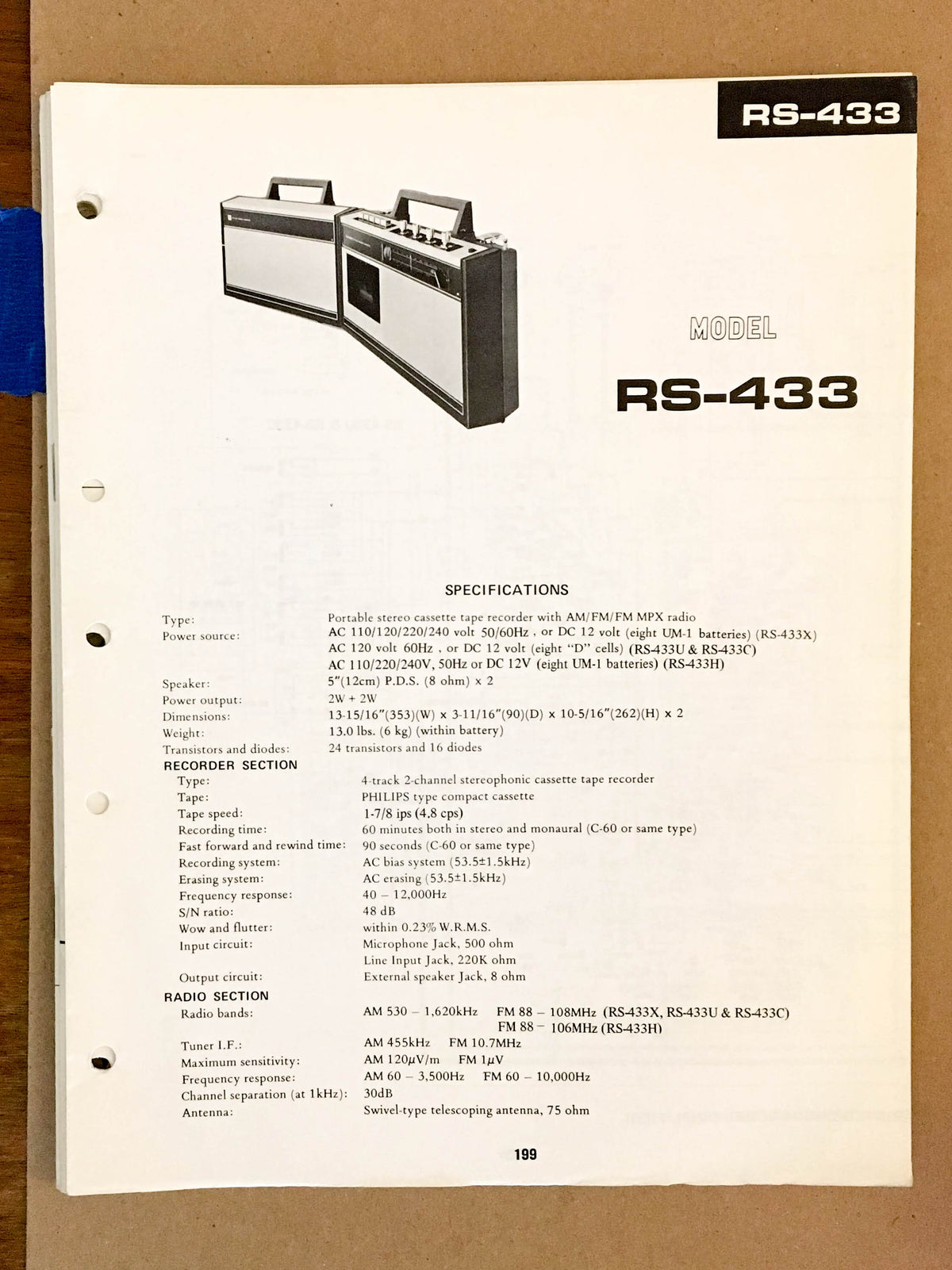 Sharp RS-433 Portable Tape Recorder Service Manual *Original*