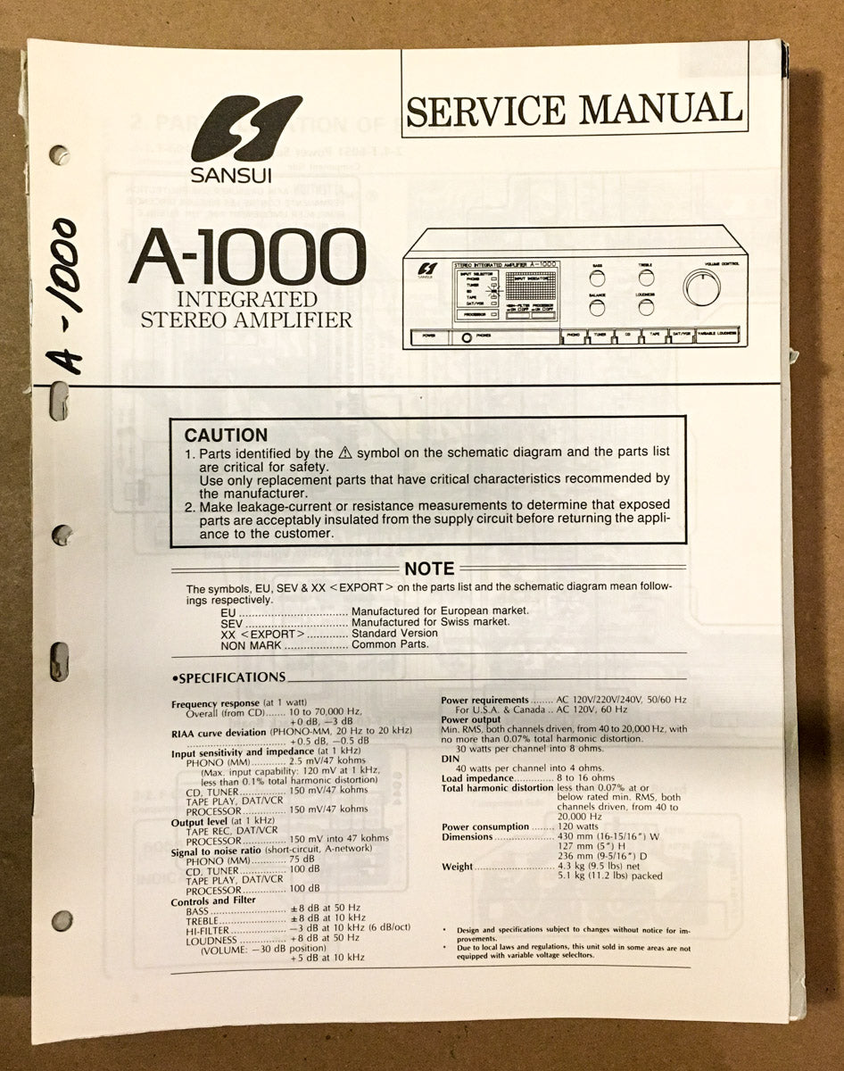Sansui A-1000 Amplifier Service Manual *Original*