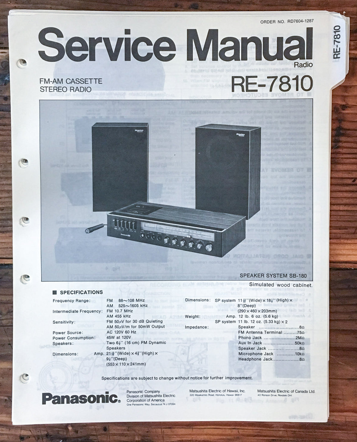 Panasonic RE-7810 Radio Service Manual *Original*