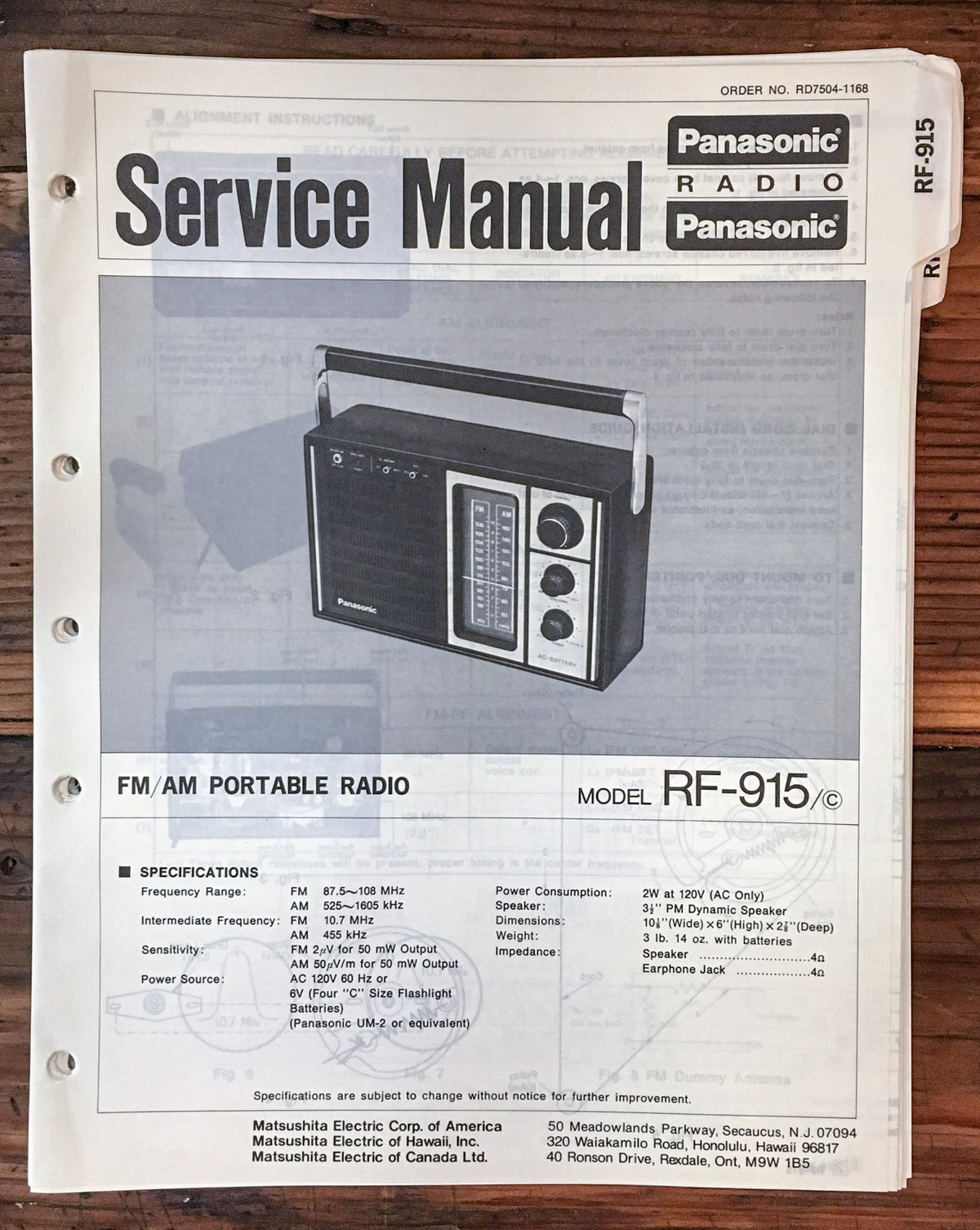 Panasonic RF-915 Radio Service Manual *Original*