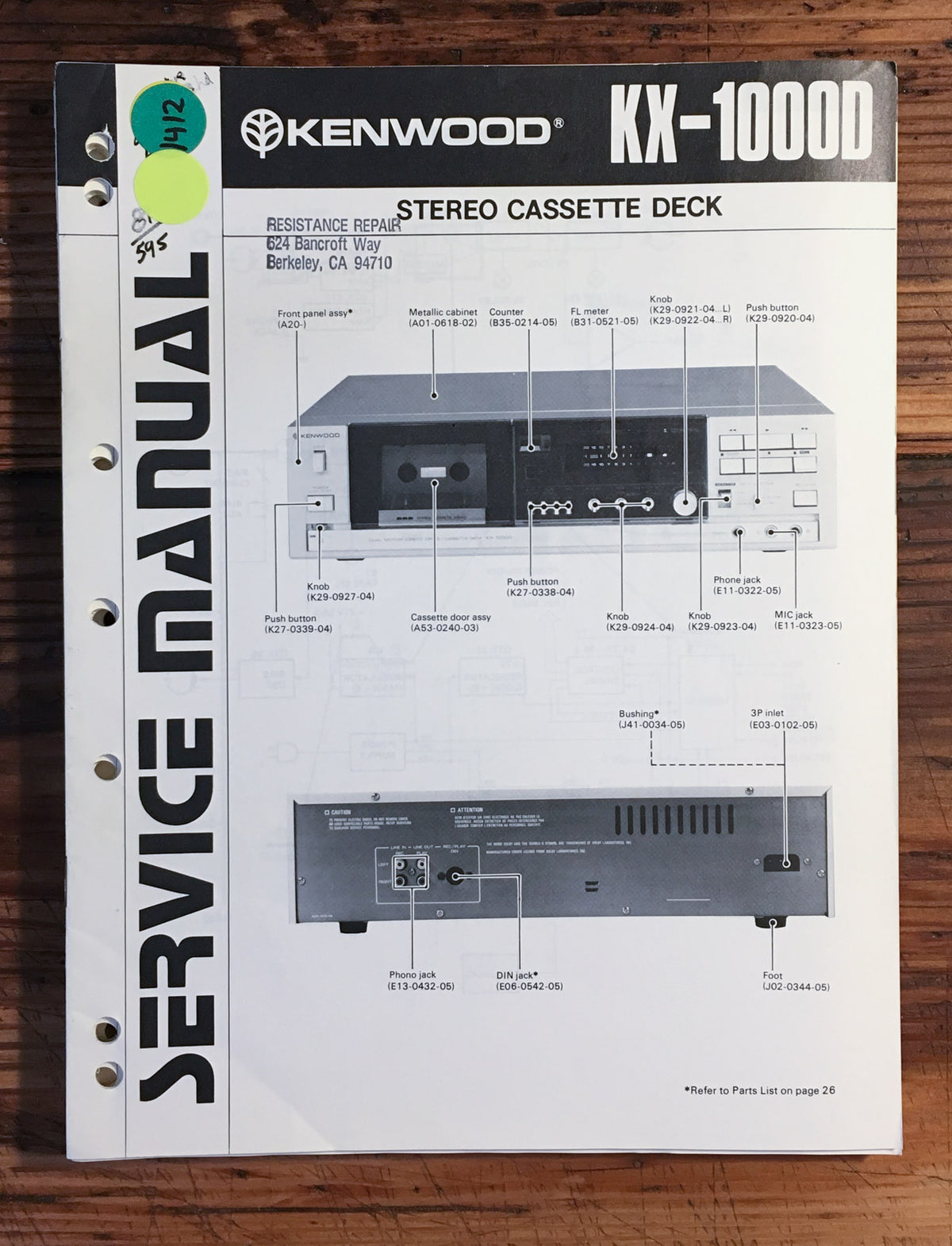 Kenwood KX-1000D Cassette Service Manual *Original*