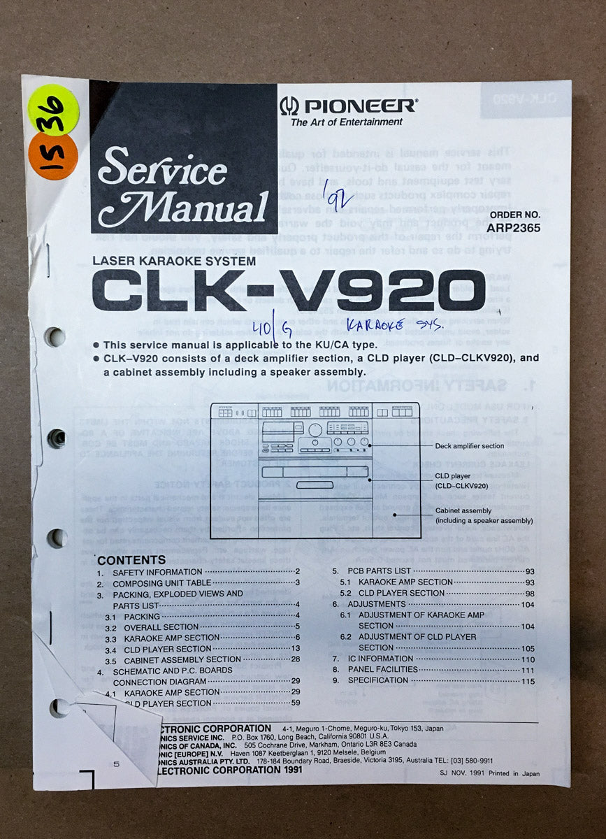 Pioneer CLK-V920 Laser Karaoke Service Manual *Original*