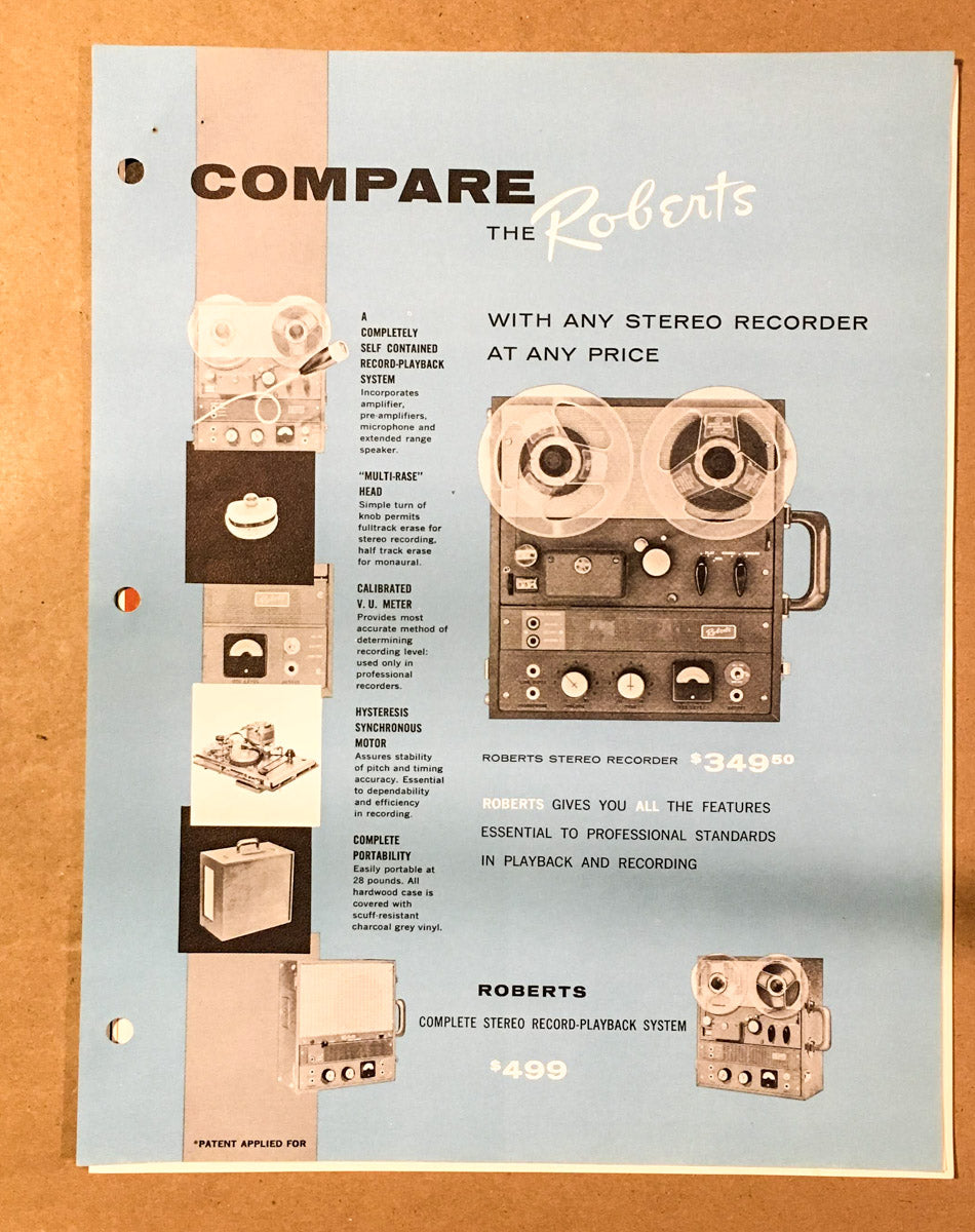 Roberts Reel to Reel Tape Recorder Dealer Brochure *Original