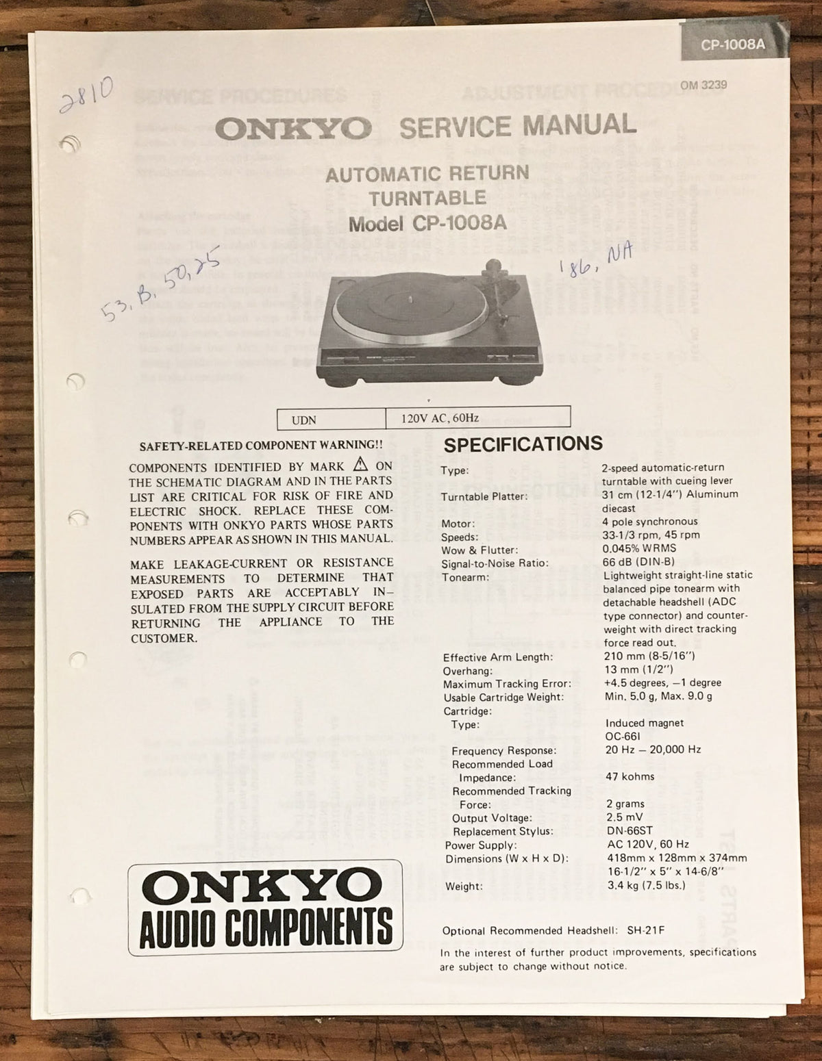 Onkyo CP-1008A Record Player / Turntable Service Manual *Original*