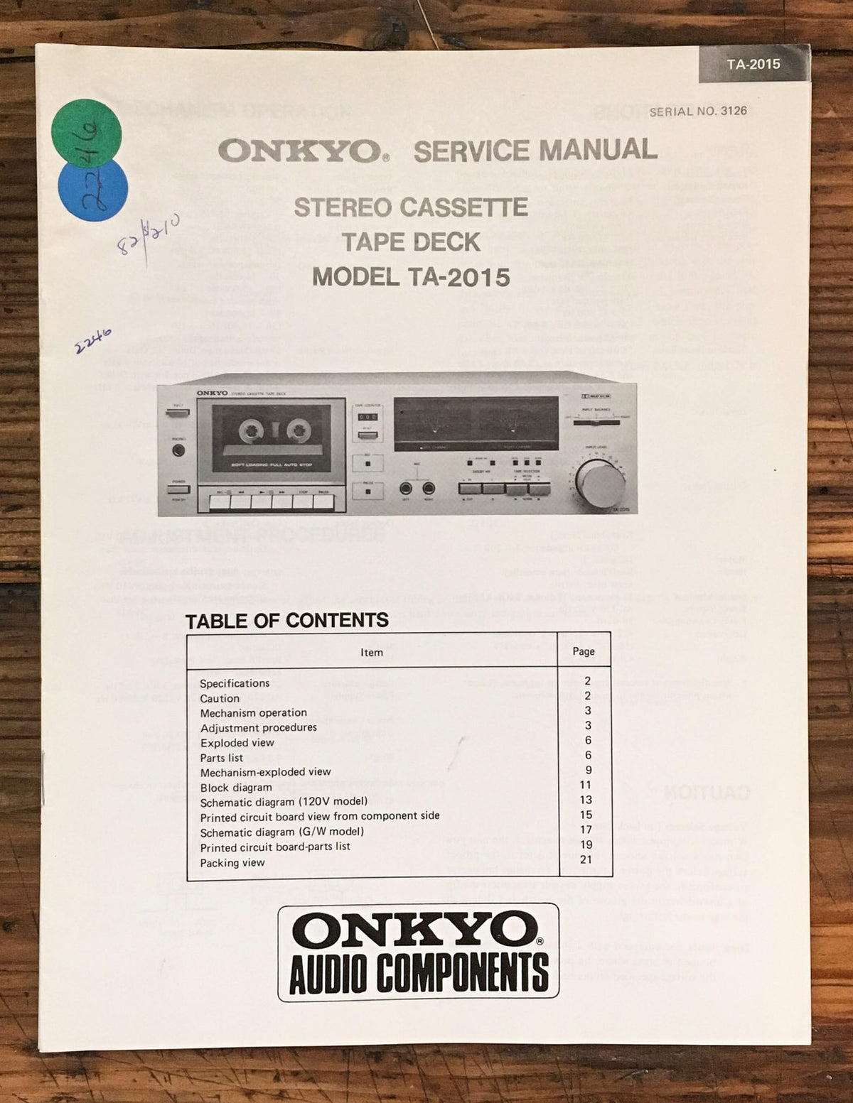 Onkyo TA-2015 Cassette Service Manual *Original*