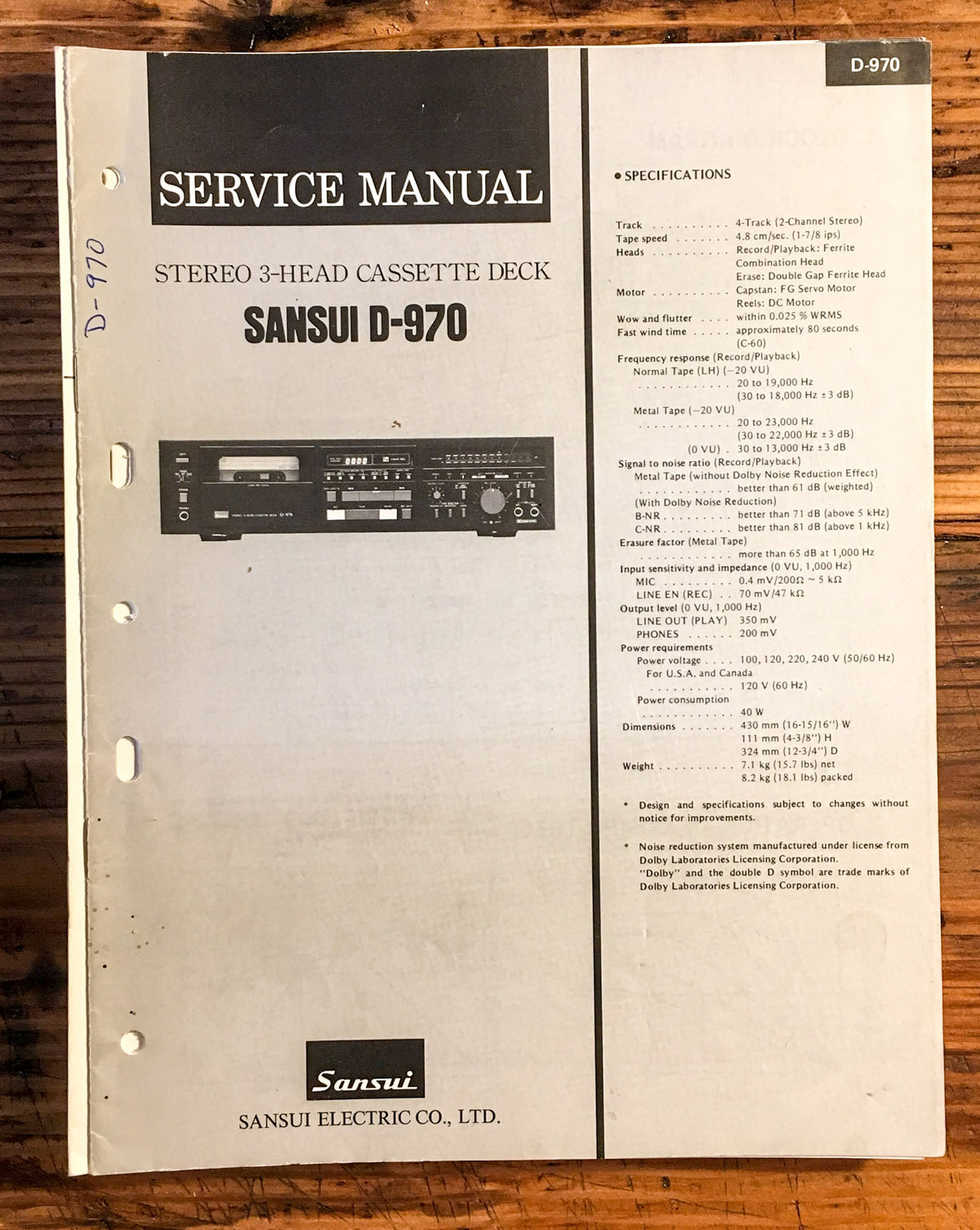 Sansui D-970 Cassette Service Manual *Original*