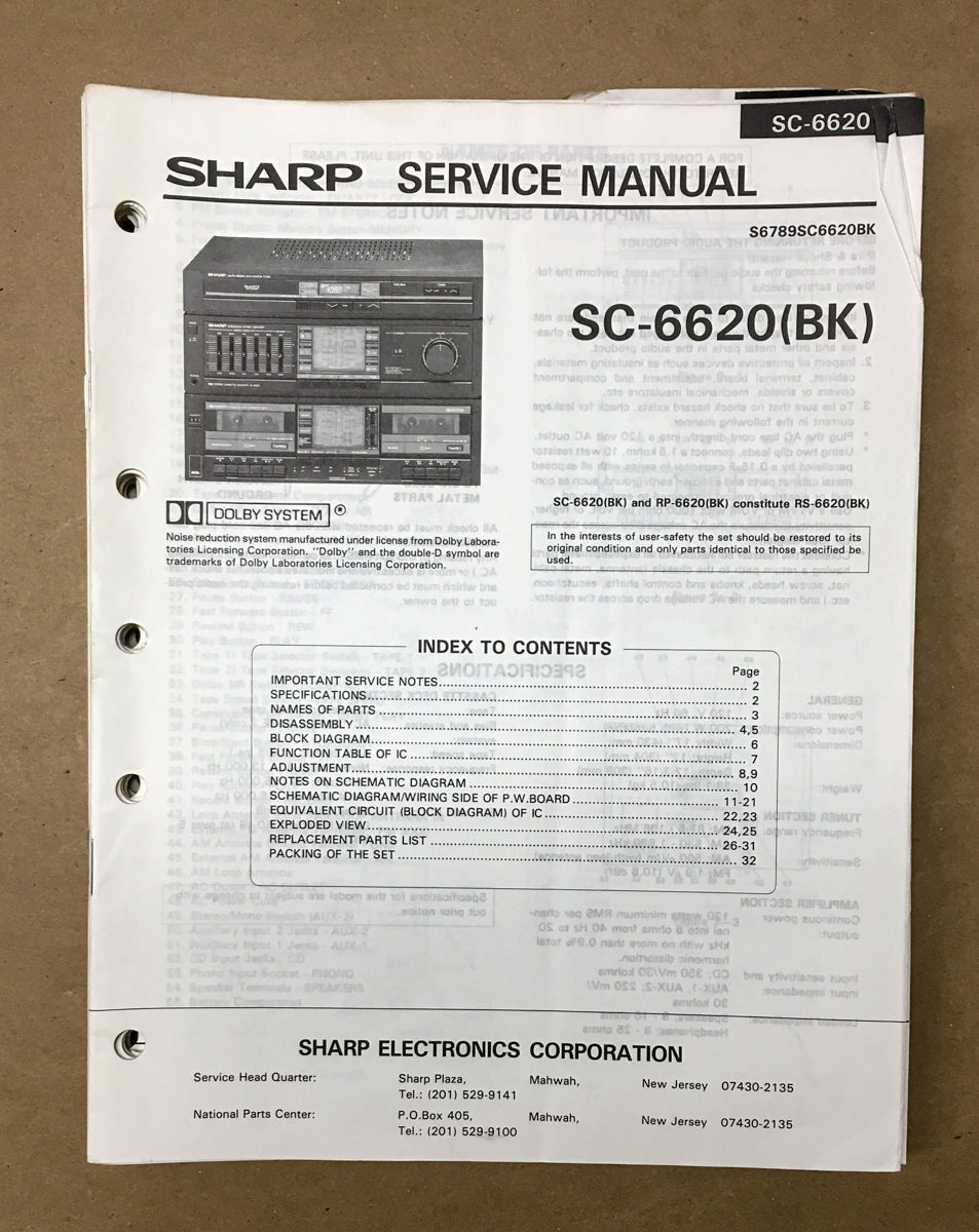 Sharp SC-6620 Radio / Stereo Service Manual *Original*