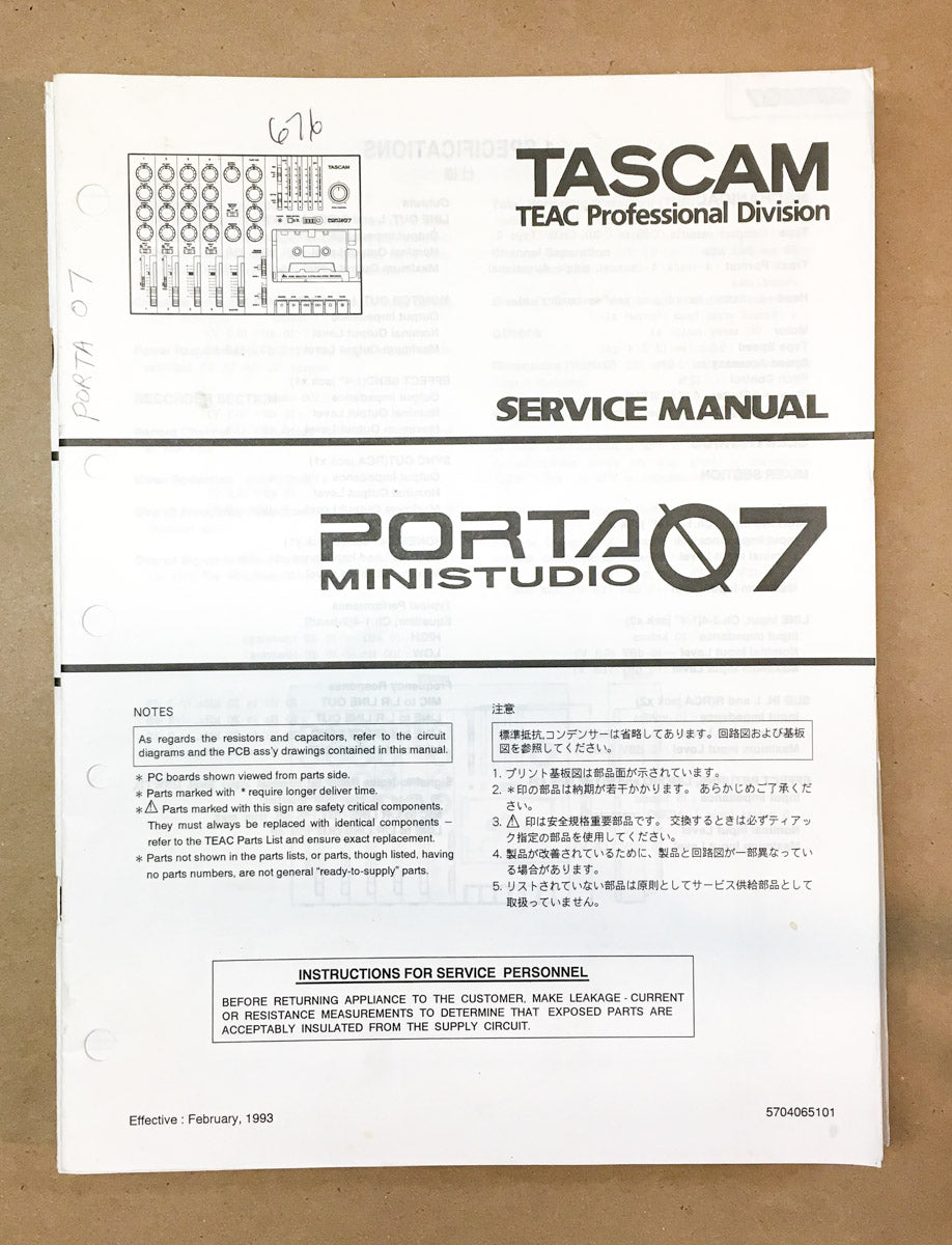Teac Mini Studio Porta 7 Seven Mixing Console Service Manual *Original*