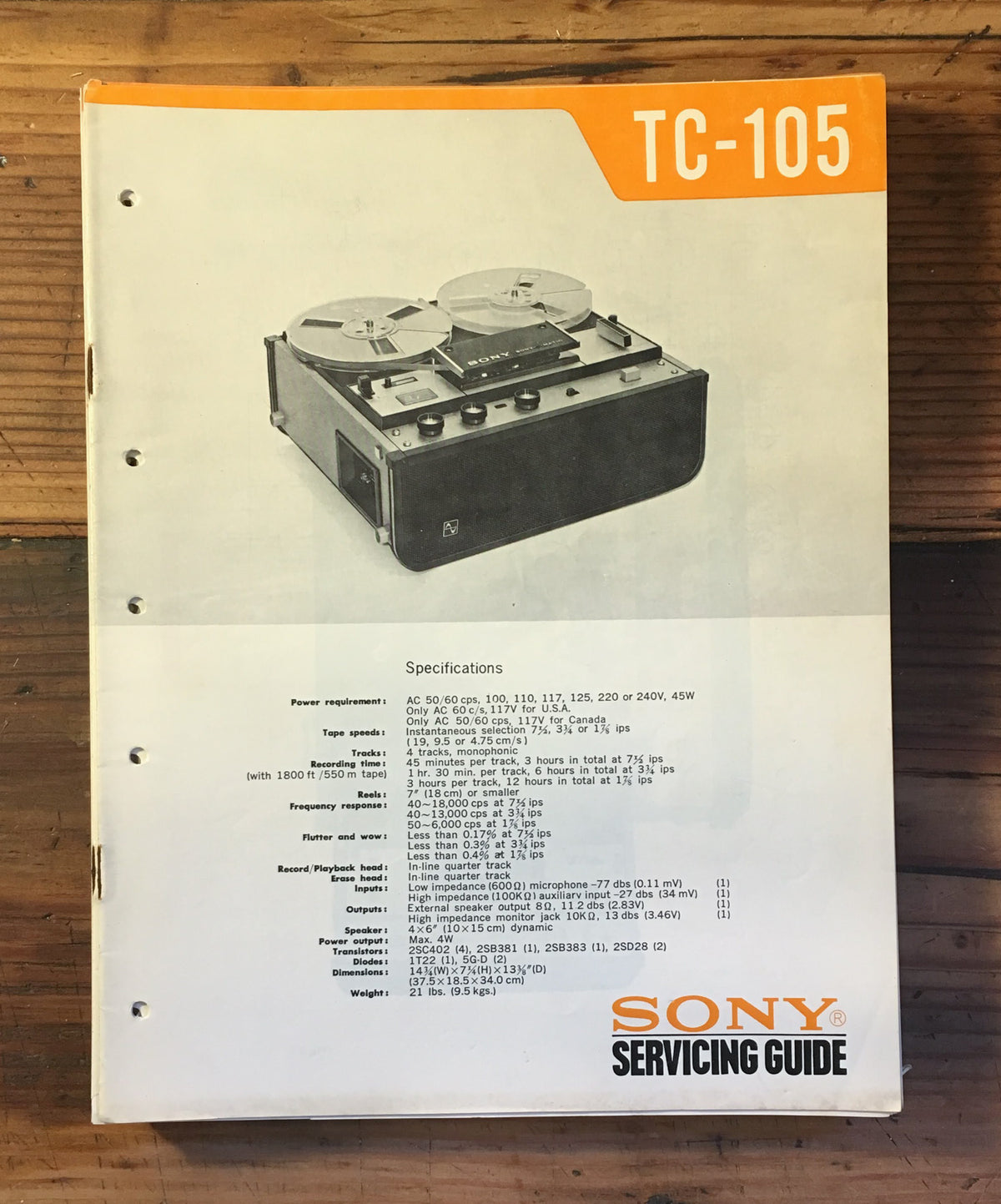 Sony TC-105 Tape Player Service Manual *Original*