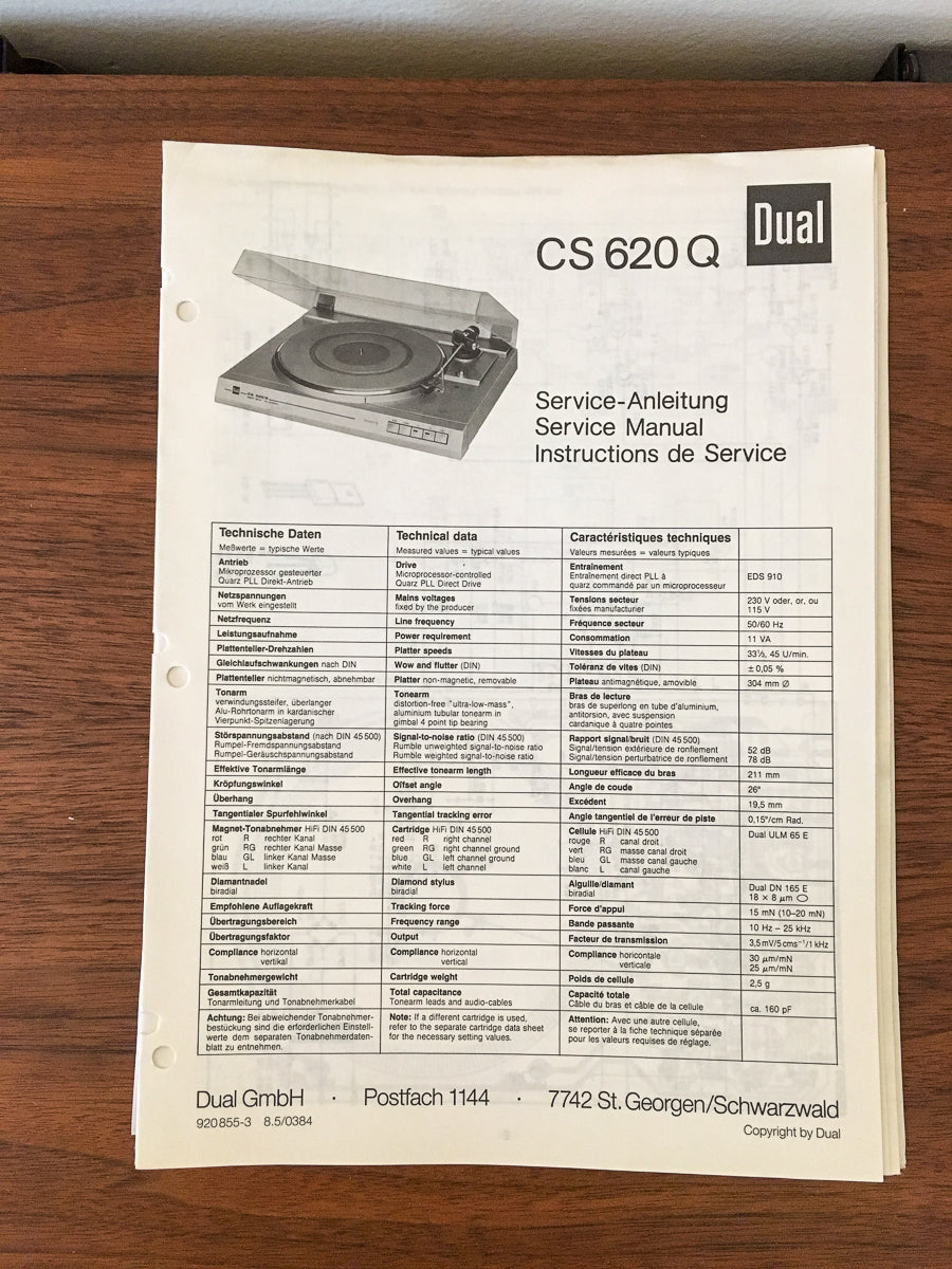 Dual CS 620Q 620 Q Turntable / Record Player Service Manual *Original*