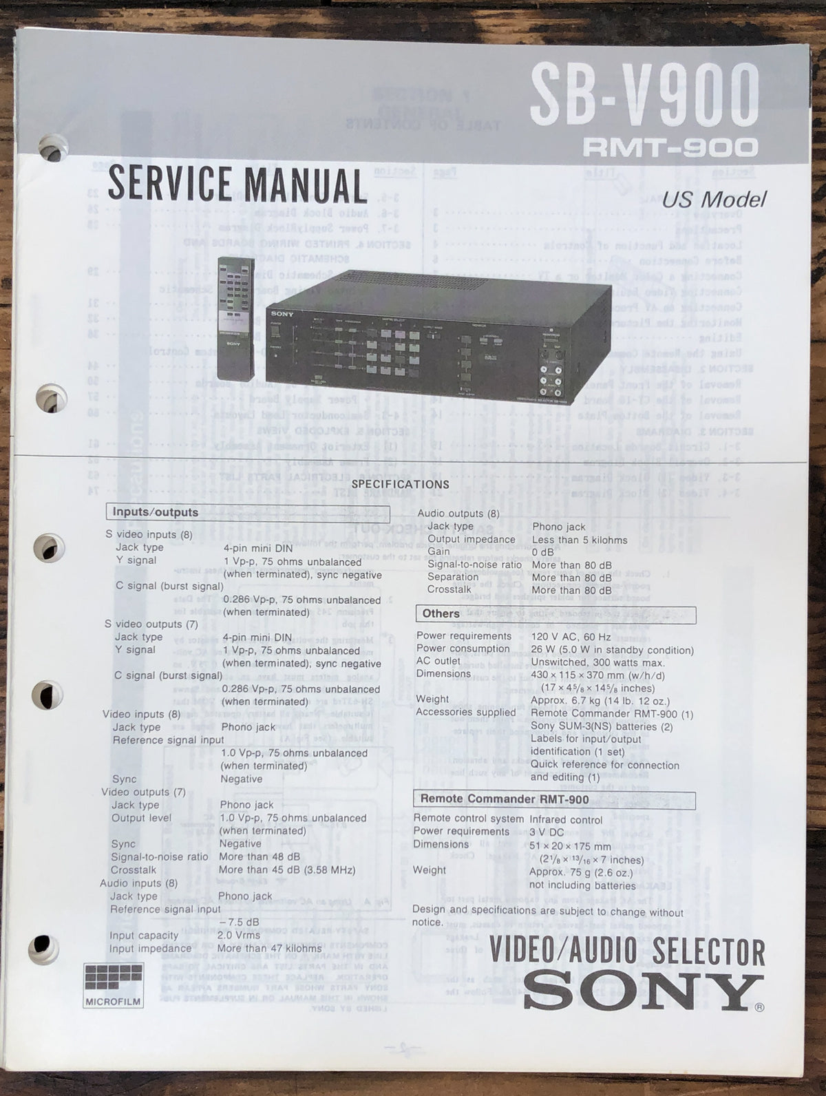Sony SB-V900 Selector Service Manual *Original*