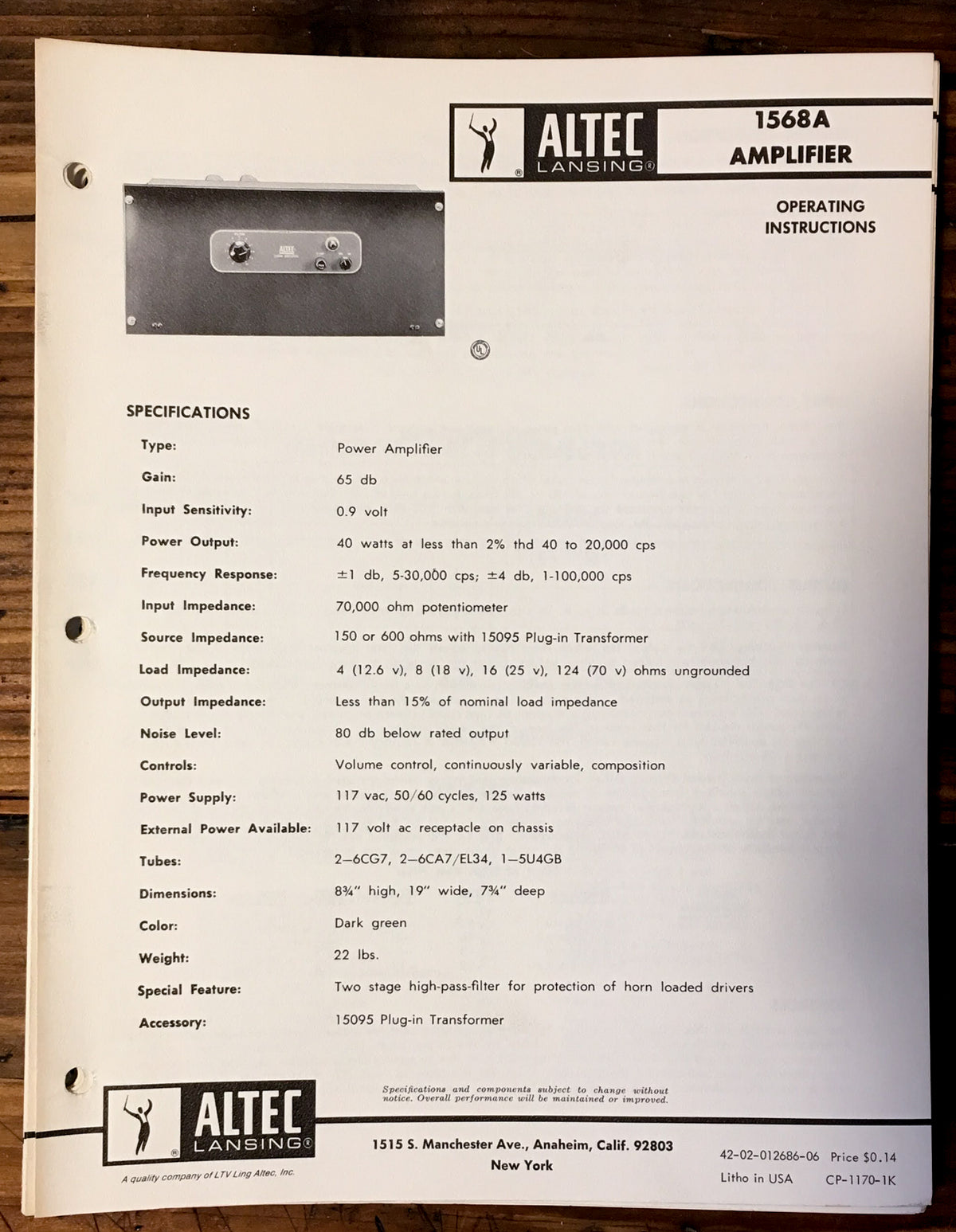 Altec Model 1568A Amplifier Owner / Operating Manual *Original*