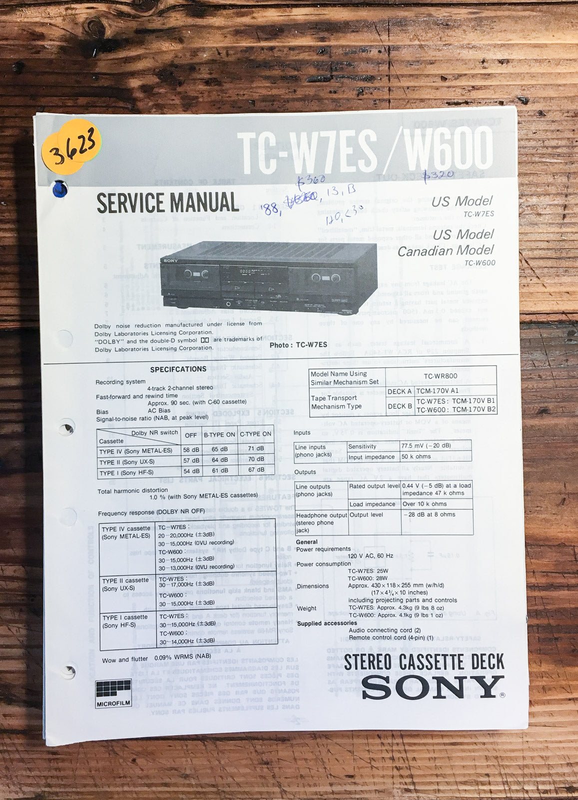 Sony TC-W7ES TC-W600 Cassette Deck Service Manual *Original*