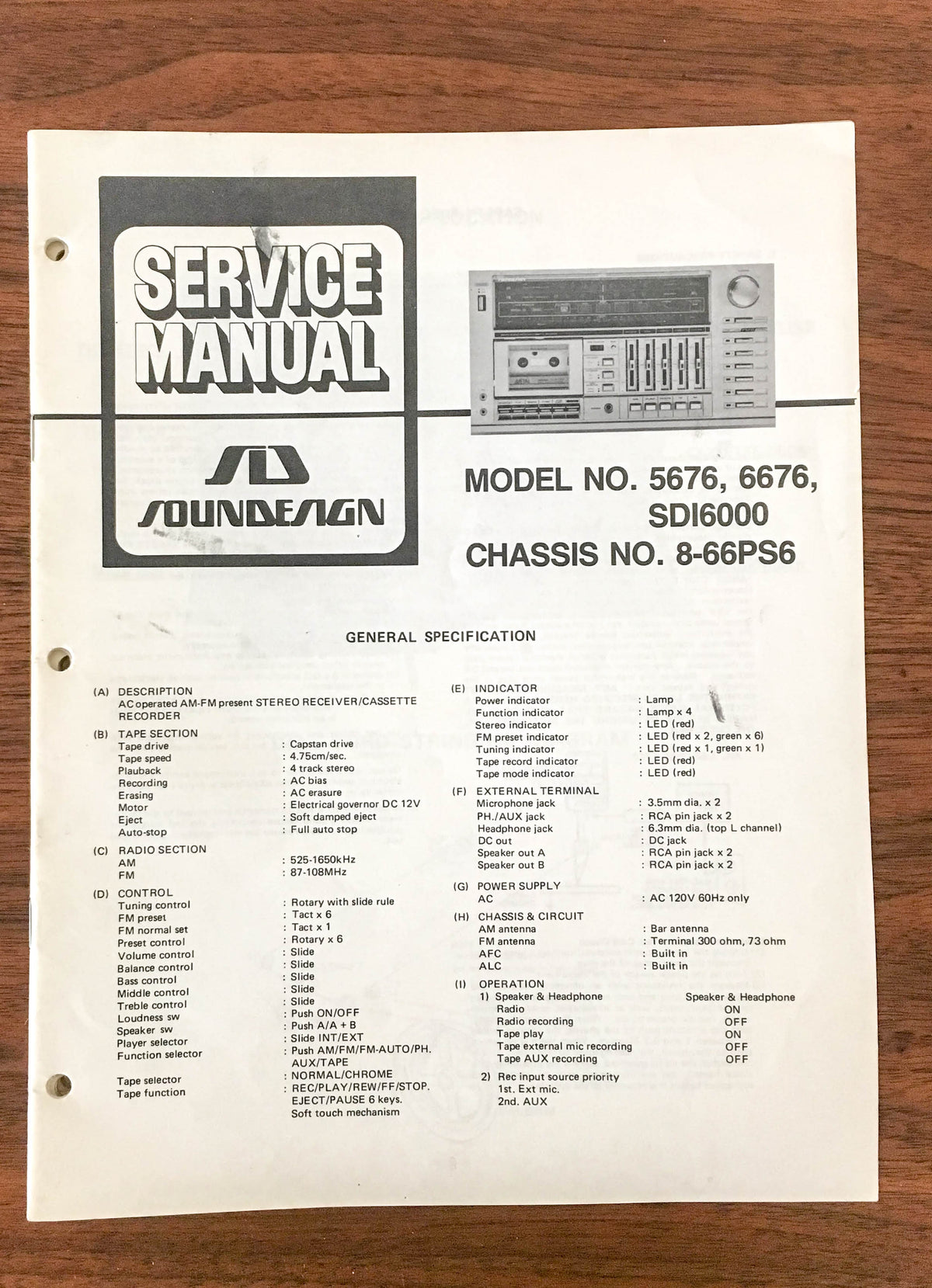 SoundDesign Sound Design Model 5676 6676 SDI6000 Stereo Service Manual *Original