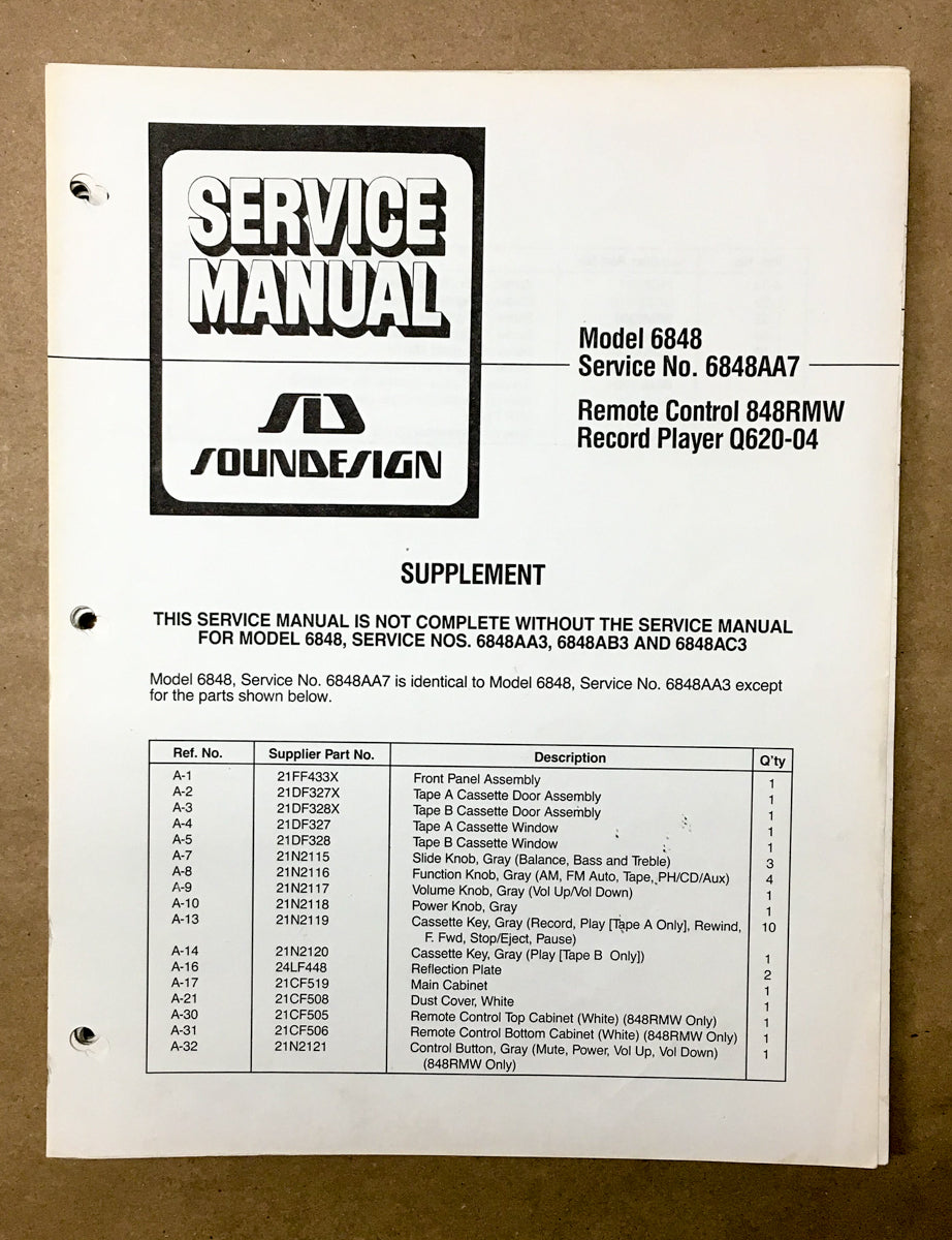 Soundesign Model 6848 Stereo Service Manual Supplement *Original*