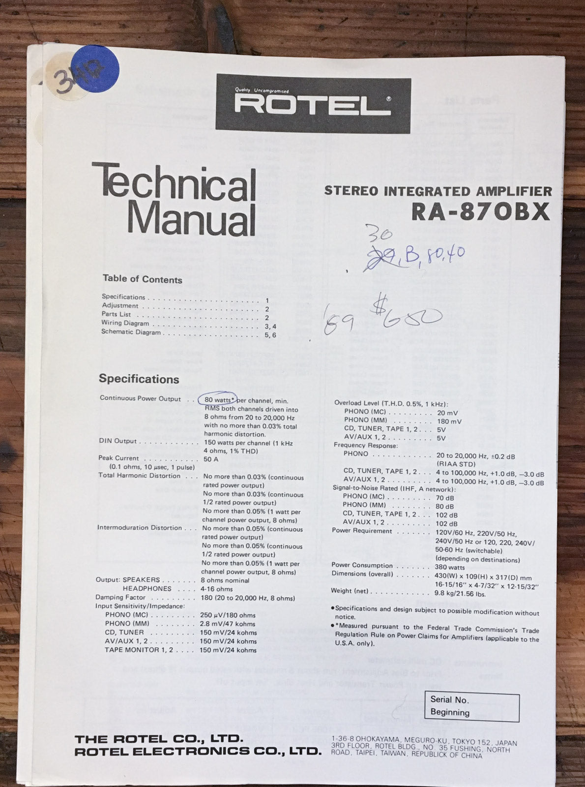 Rotel RA-870BX Amplifier Service Manual *Original*