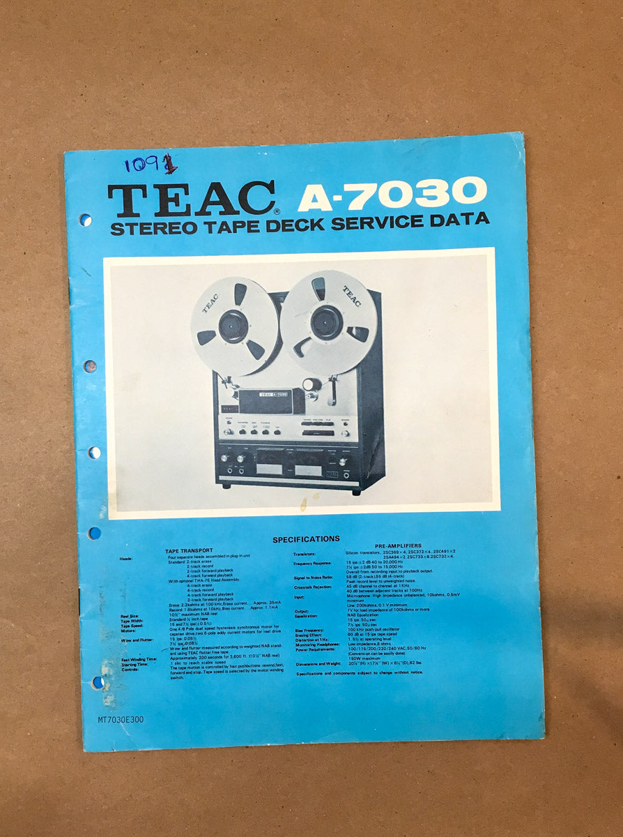 Teac A-7030 Reel to Reel Service Manual *Original*