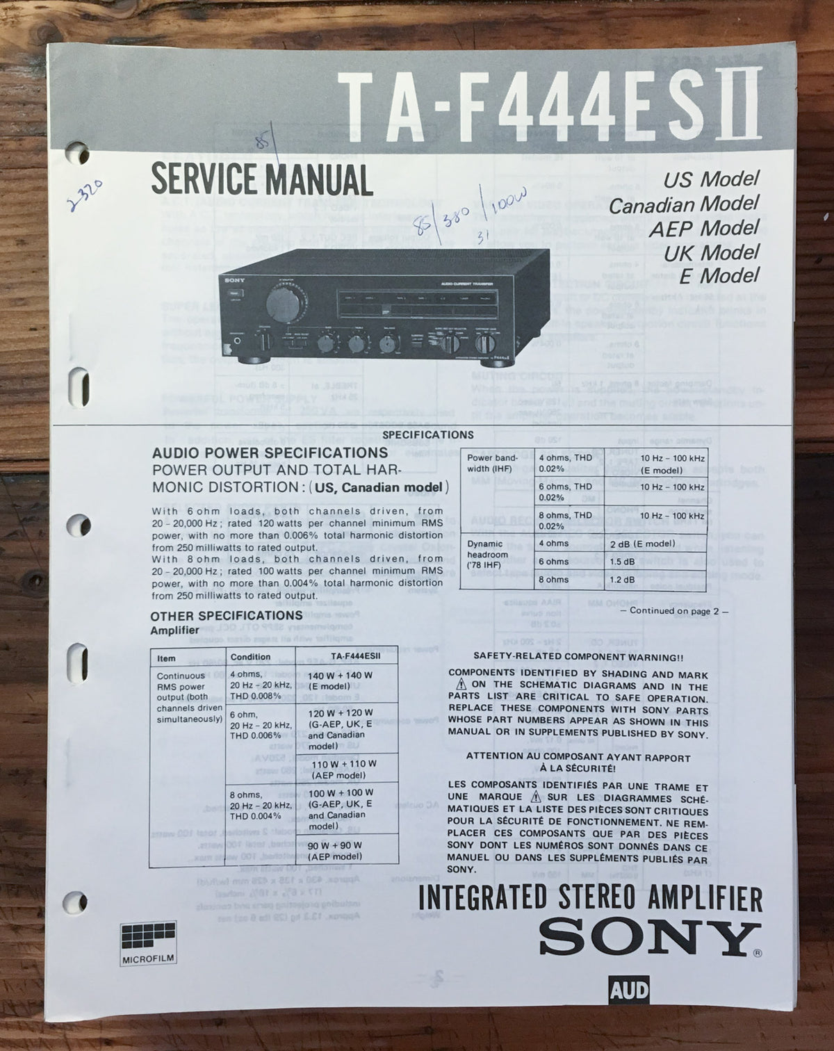 Sony TA-F444ES II Amplifier Service Manual *Original*
