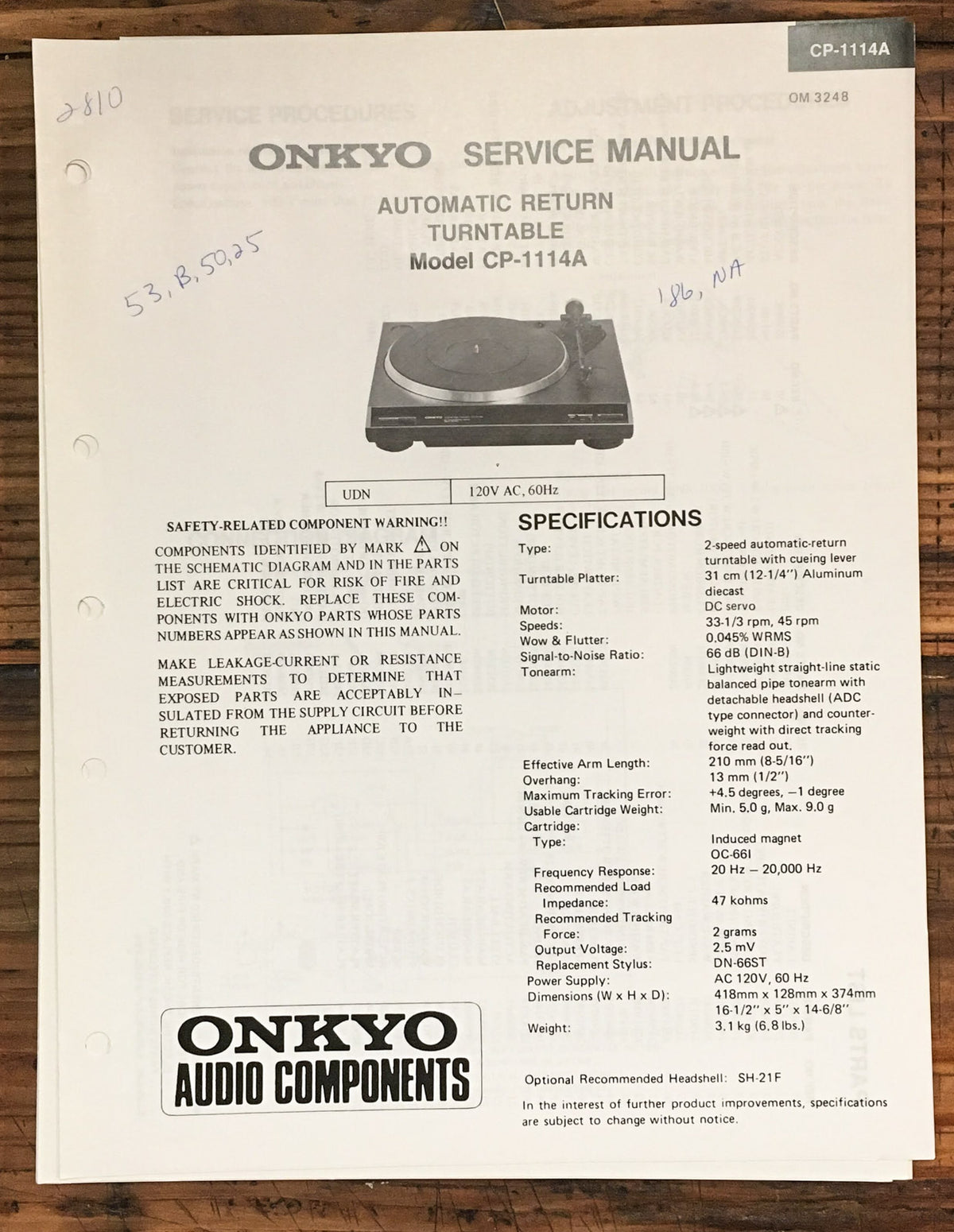 Onkyo CP-1114A Record Player / Turntable Service Manual *Original*