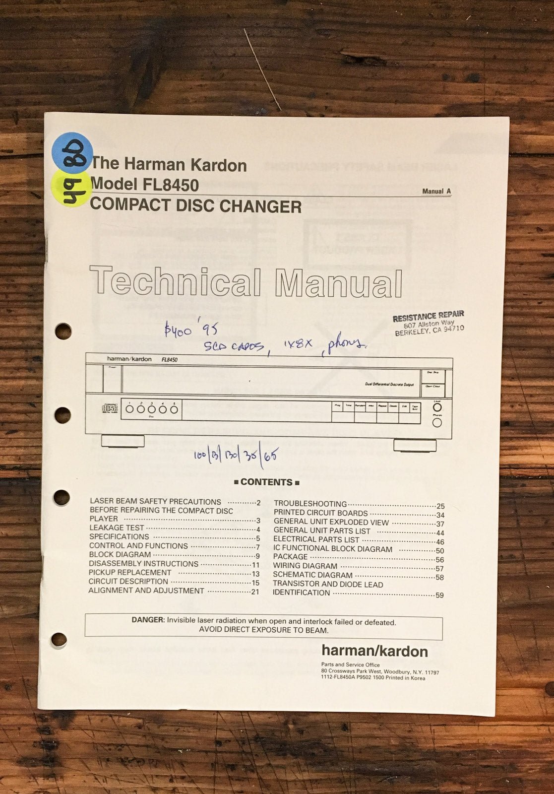 Harman Kardon FL8450 FL-8450 CD Player Service Manual *Original*